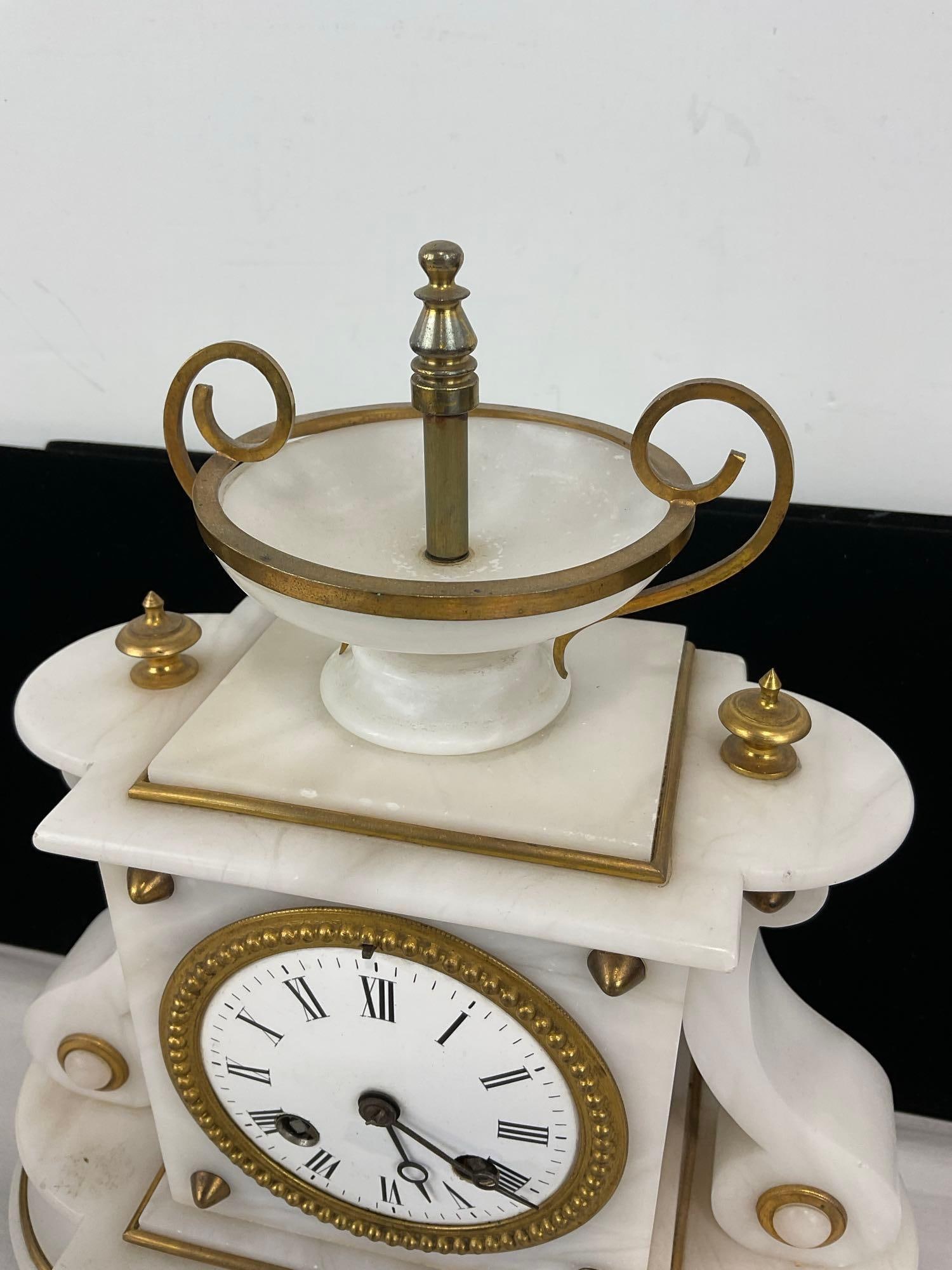 Antique Brass & White French Alabaster Mantel Clock, Time Strike, 12h x 11w x 5d inches, - 2