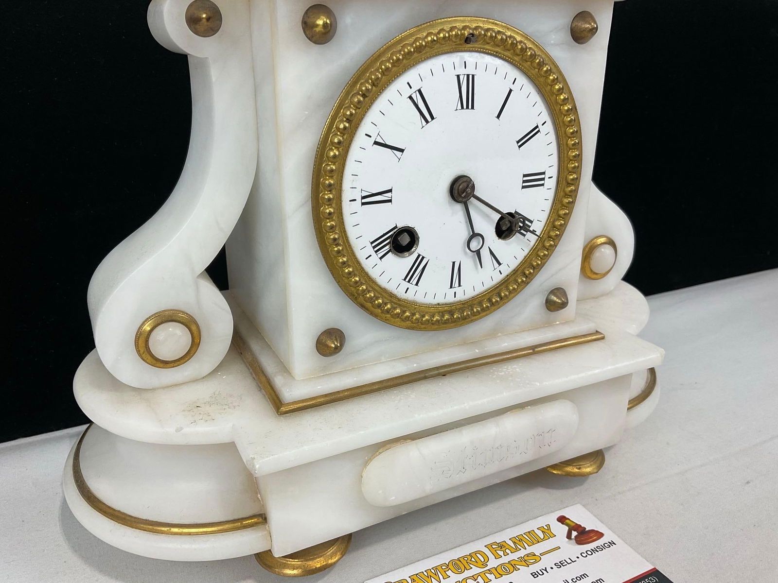 Antique Brass & White French Alabaster Mantel Clock, Time Strike, 12h x 11w x 5d inches, - 3