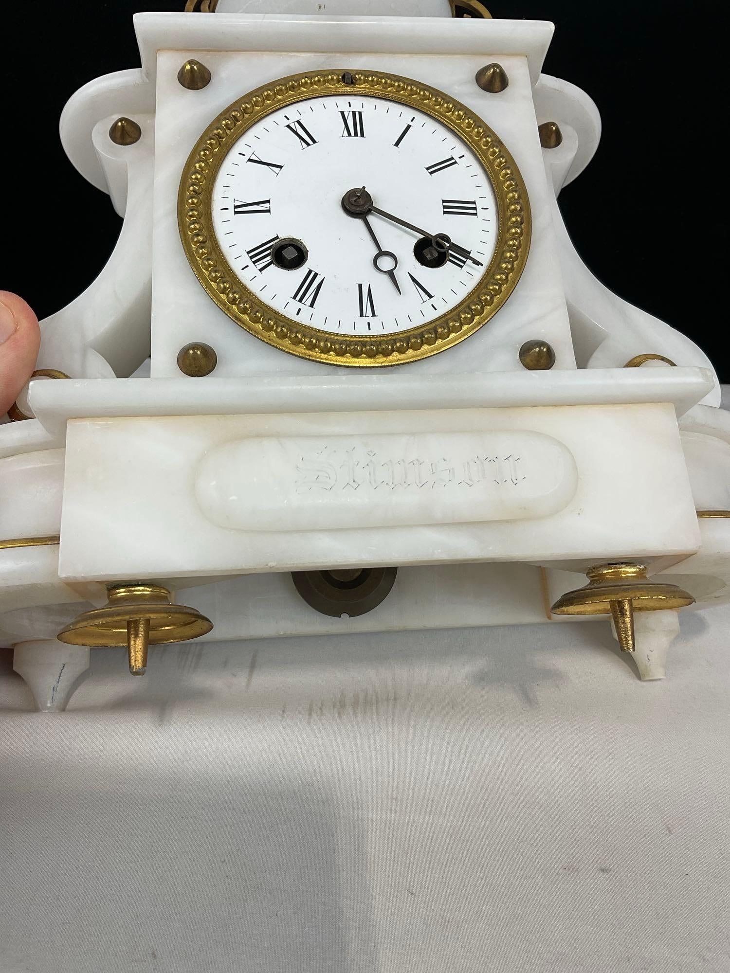 Antique Brass & White French Alabaster Mantel Clock, Time Strike, 12h x 11w x 5d inches, - 4