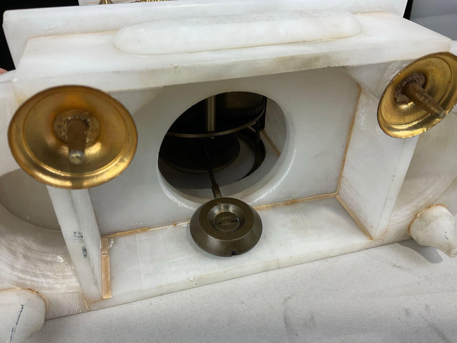 Antique Brass & White French Alabaster Mantel Clock, Time Strike, 12h x 11w x 5d inches, - 5