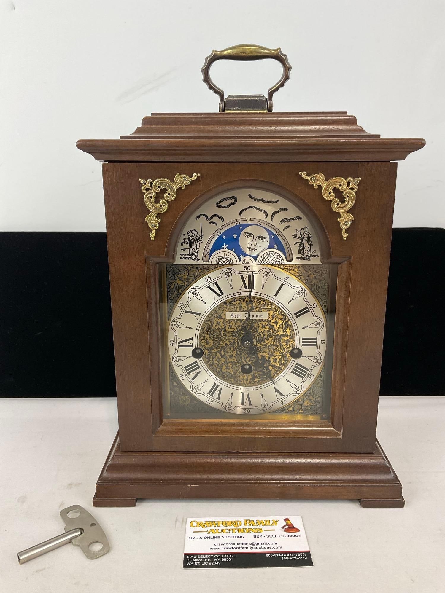 Vintage 1978 Seth Thomas Wharton Moon Dial Bracket, Time Strike Chime Mantel Clock w/Key, 14x11x7... (1 of 5)