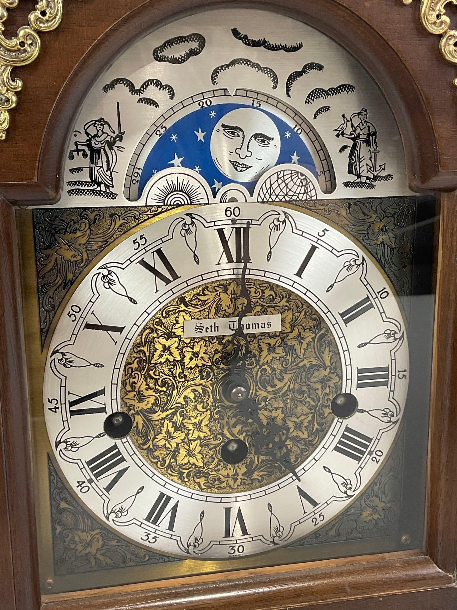 Vintage 1978 Seth Thomas Wharton Moon Dial Bracket, Time Strike Chime Mantel Clock w/Key, 14x11x7... - 2