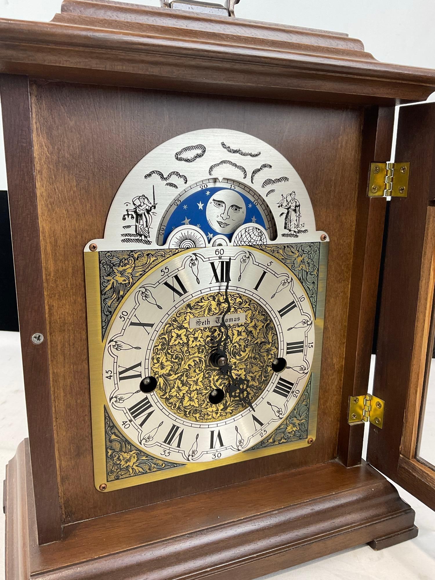 Vintage 1978 Seth Thomas Wharton Moon Dial Bracket, Time Strike Chime Mantel Clock w/Key, 14x11x7... - 5
