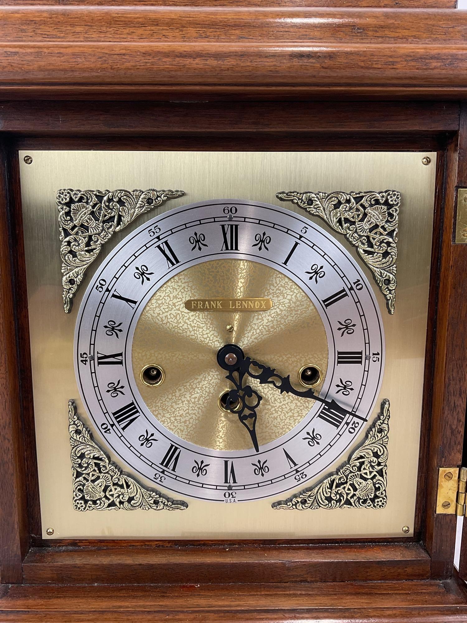 Vintage 1990 Frank Lennox Bracket Clock w/ Hermle Movement, Time Strike Chime w/key, 16h x 12w x 7d - 3