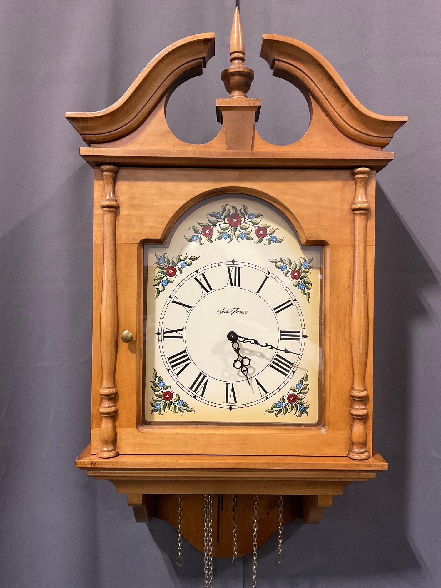 Vintage Seth Thomas Plymouth Time Strike Chime Wall Clock w/Chains & Weights, 31h x 18w x 8d in (1 of 9)