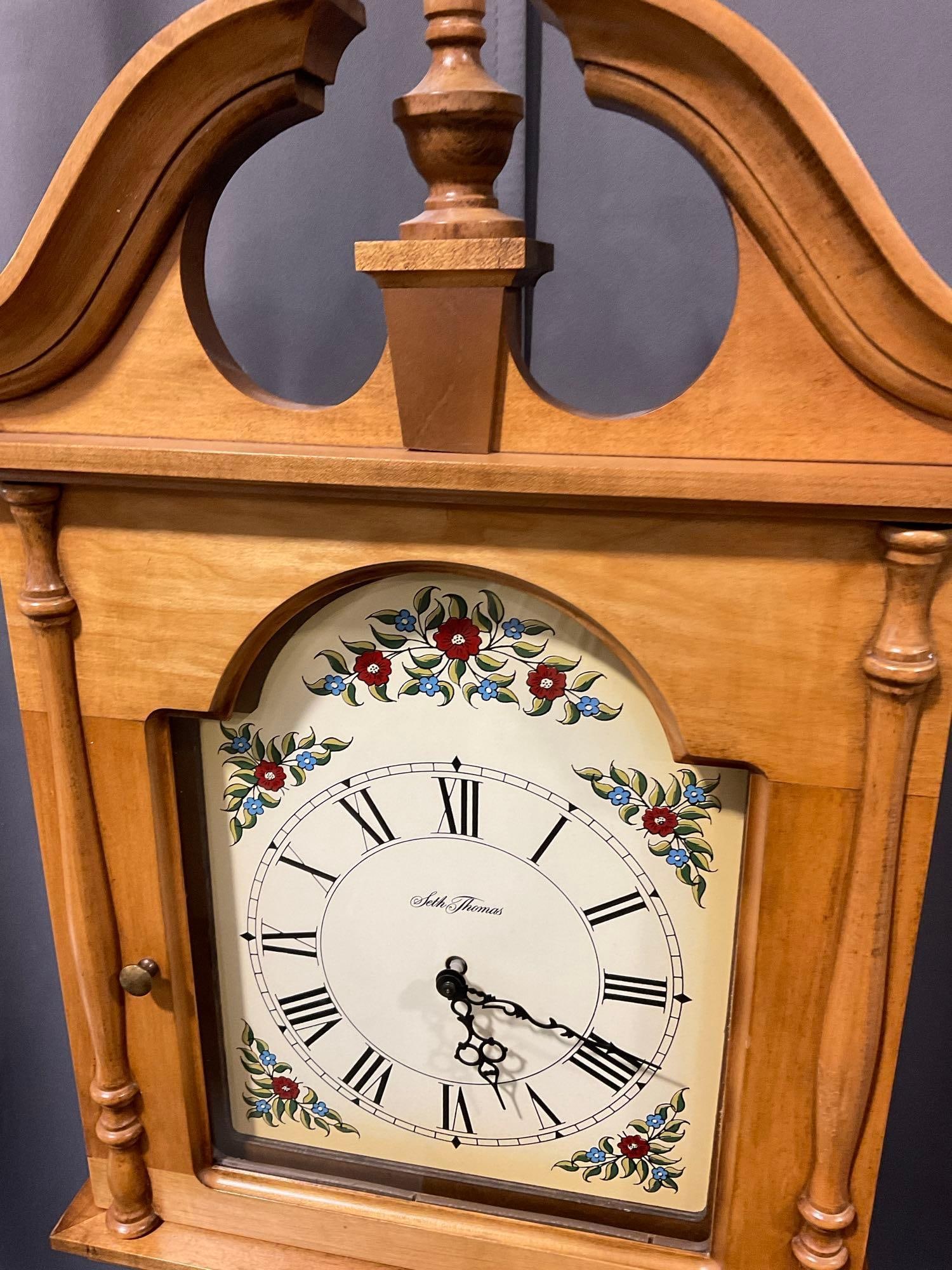 Vintage Seth Thomas Plymouth Time Strike Chime Wall Clock w/Chains & Weights, 31h x 18w x 8d in - 4