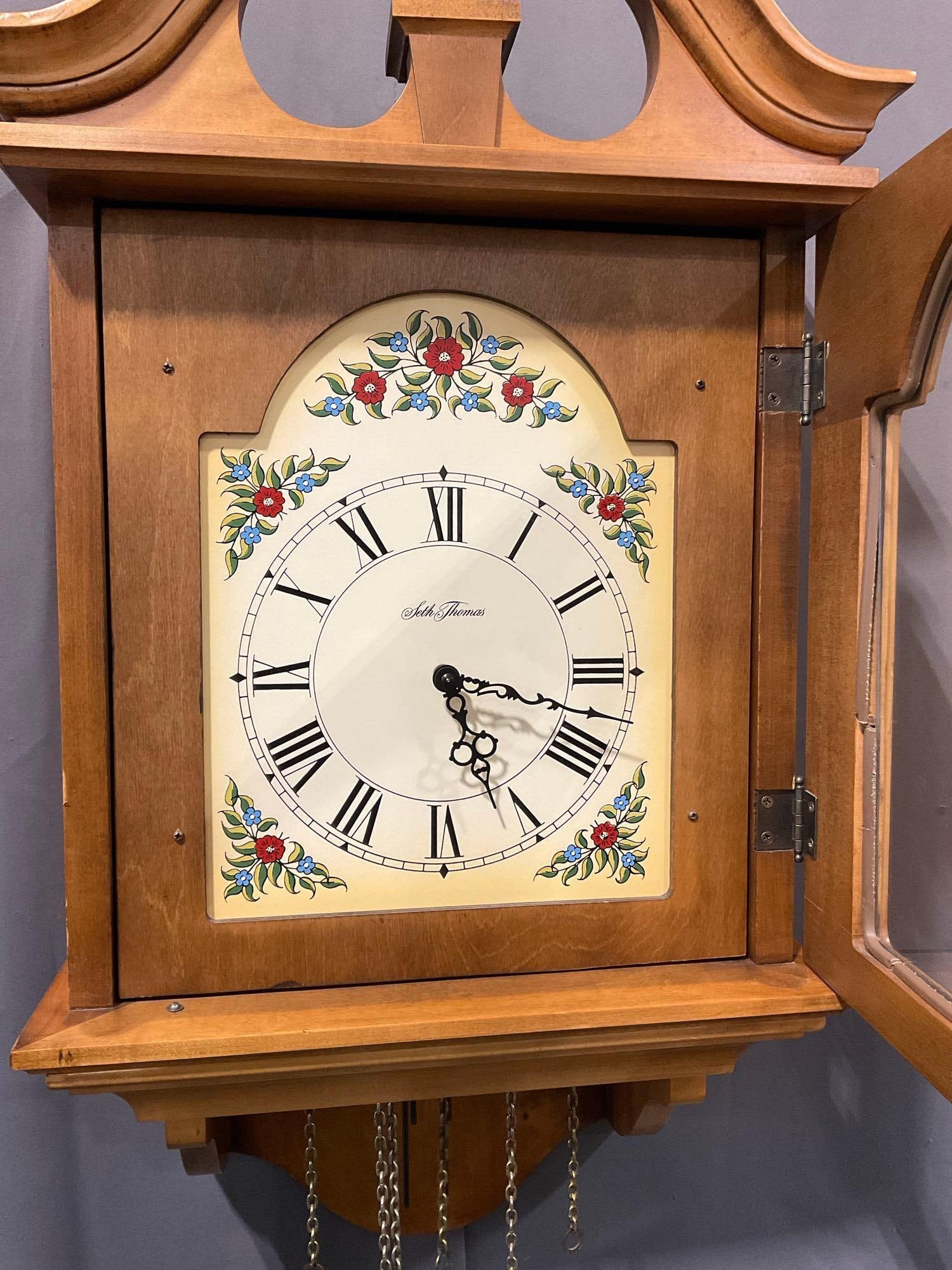 Vintage Seth Thomas Plymouth Time Strike Chime Wall Clock w/Chains & Weights, 31h x 18w x 8d in - 5