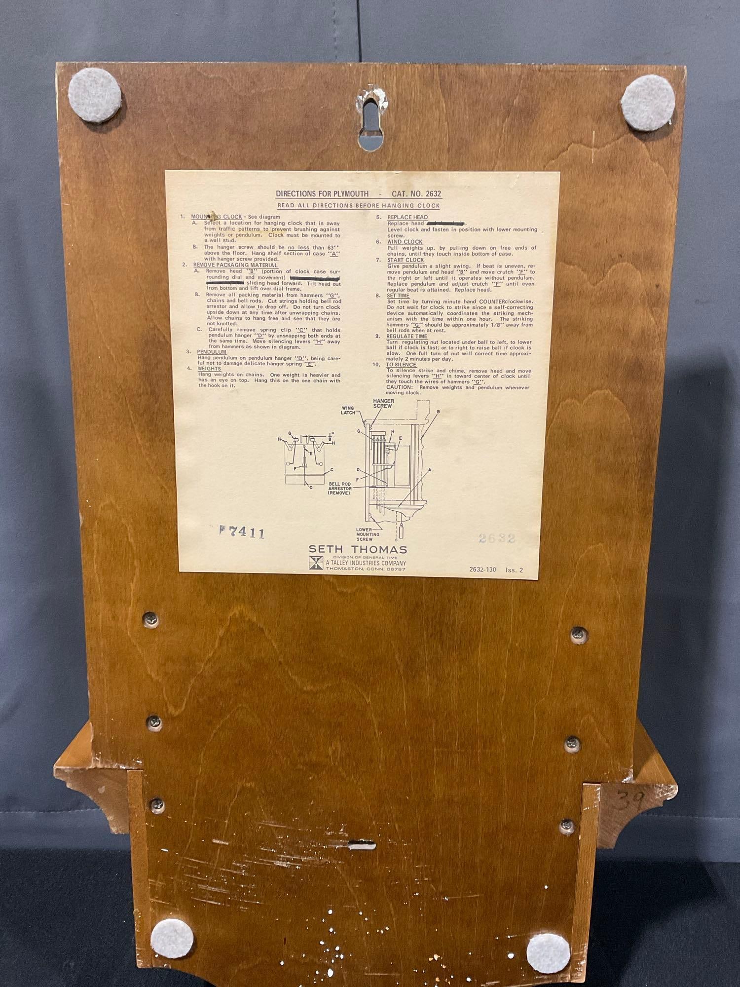 Vintage Seth Thomas Plymouth Time Strike Chime Wall Clock w/Chains & Weights, 31h x 18w x 8d in - 8