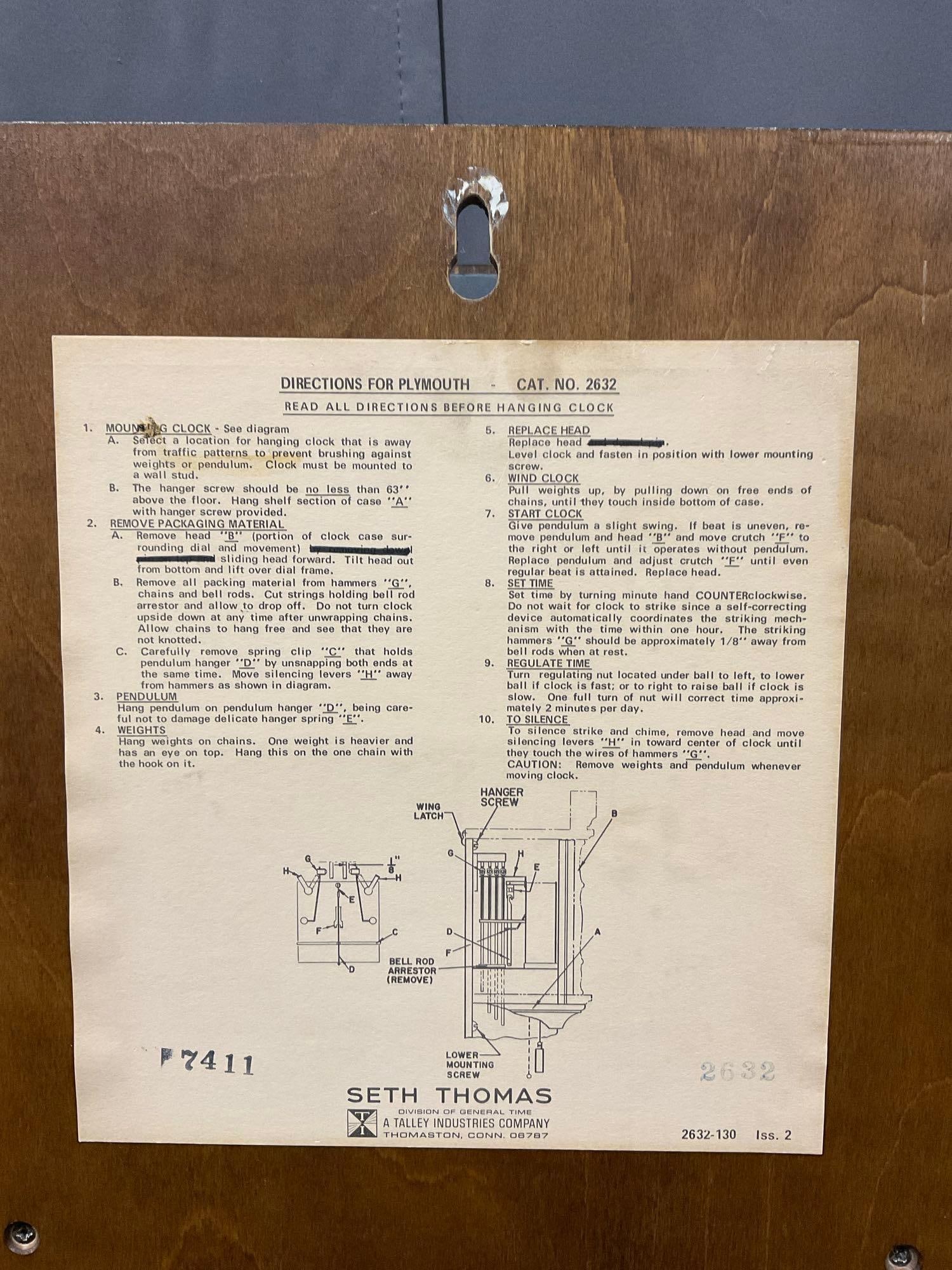 Vintage Seth Thomas Plymouth Time Strike Chime Wall Clock w/Chains & Weights, 31h x 18w x 8d in - 9