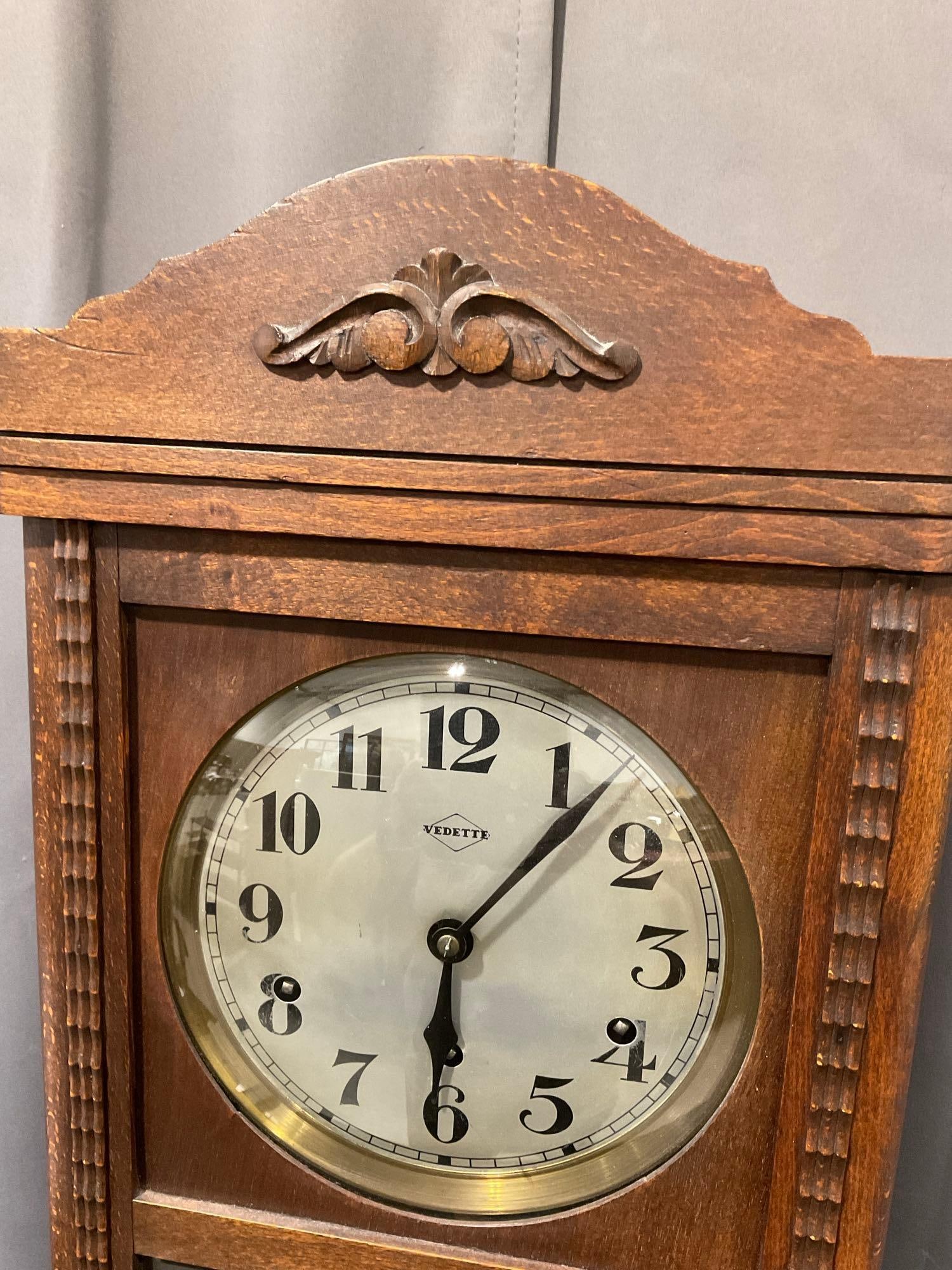 Vintage Vedette French Regulator Wall Clock, Time Strike Chime, 30h x 14w x 8d inches - 2