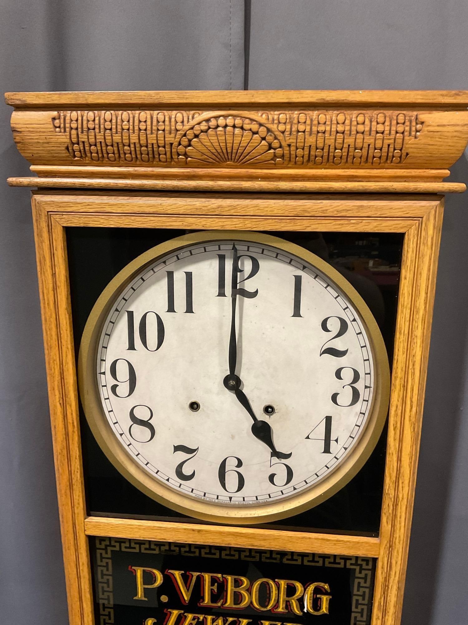 E Ingraham Regulator Wall Time Strike Clock, P. Veborg Jewler on the glass, 37h x 17w x 6d inches - 2