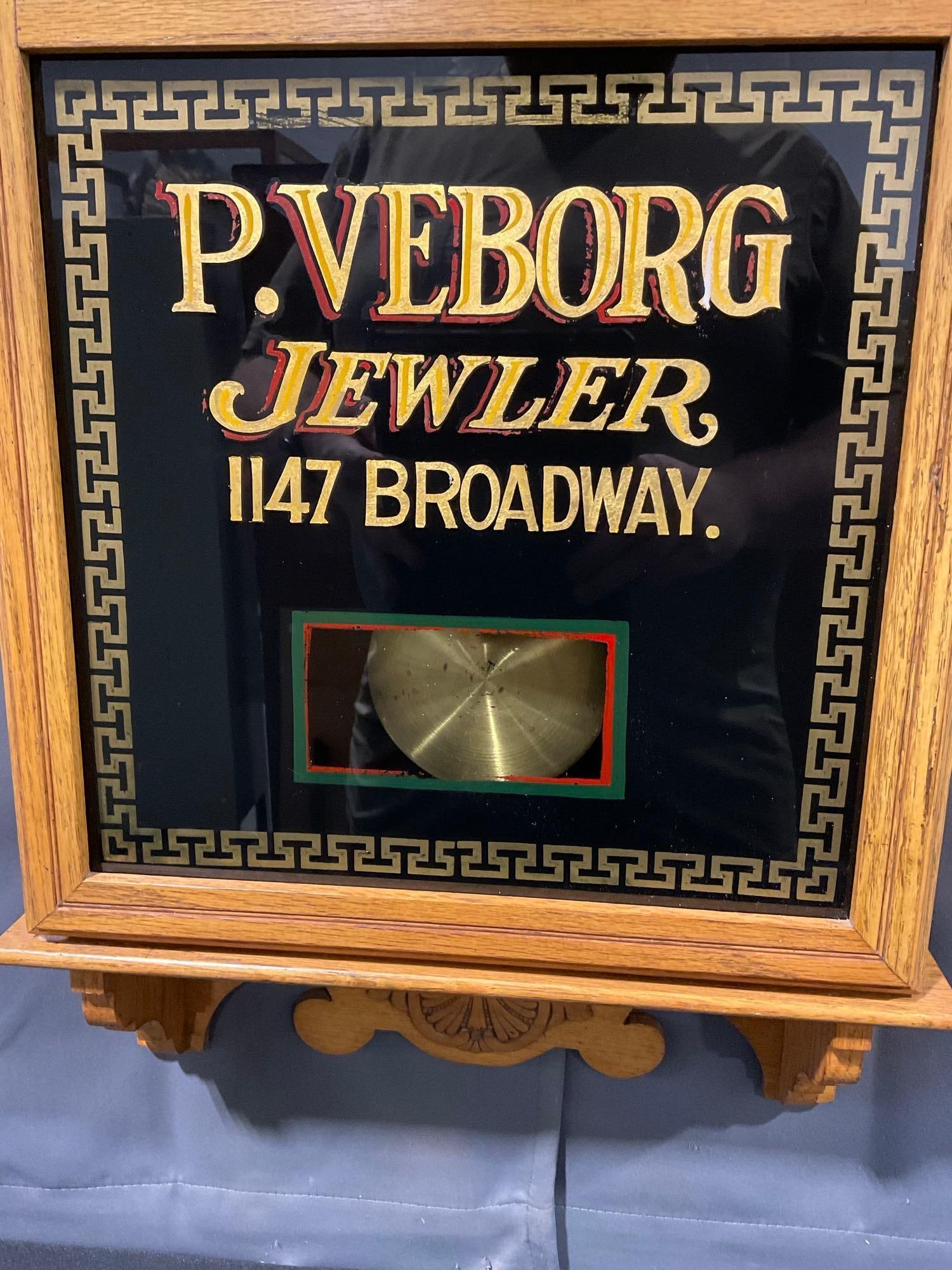 E Ingraham Regulator Wall Time Strike Clock, P. Veborg Jewler on the glass, 37h x 17w x 6d inches - 3