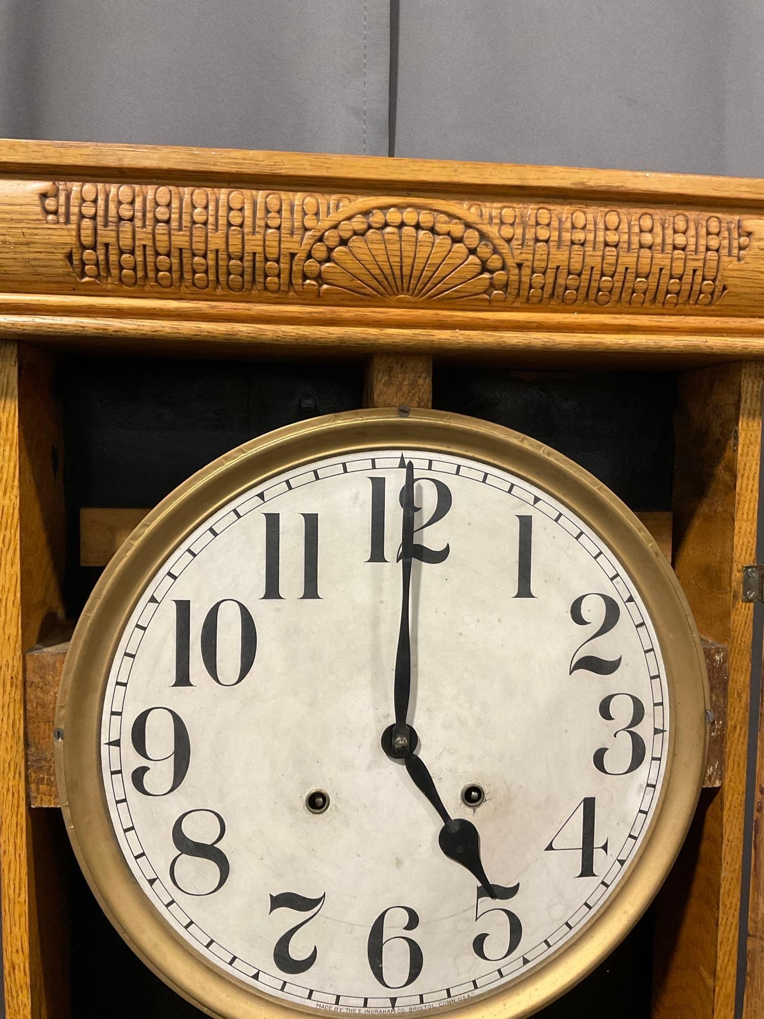 E Ingraham Regulator Wall Time Strike Clock, P. Veborg Jewler on the glass, 37h x 17w x 6d inches - 5