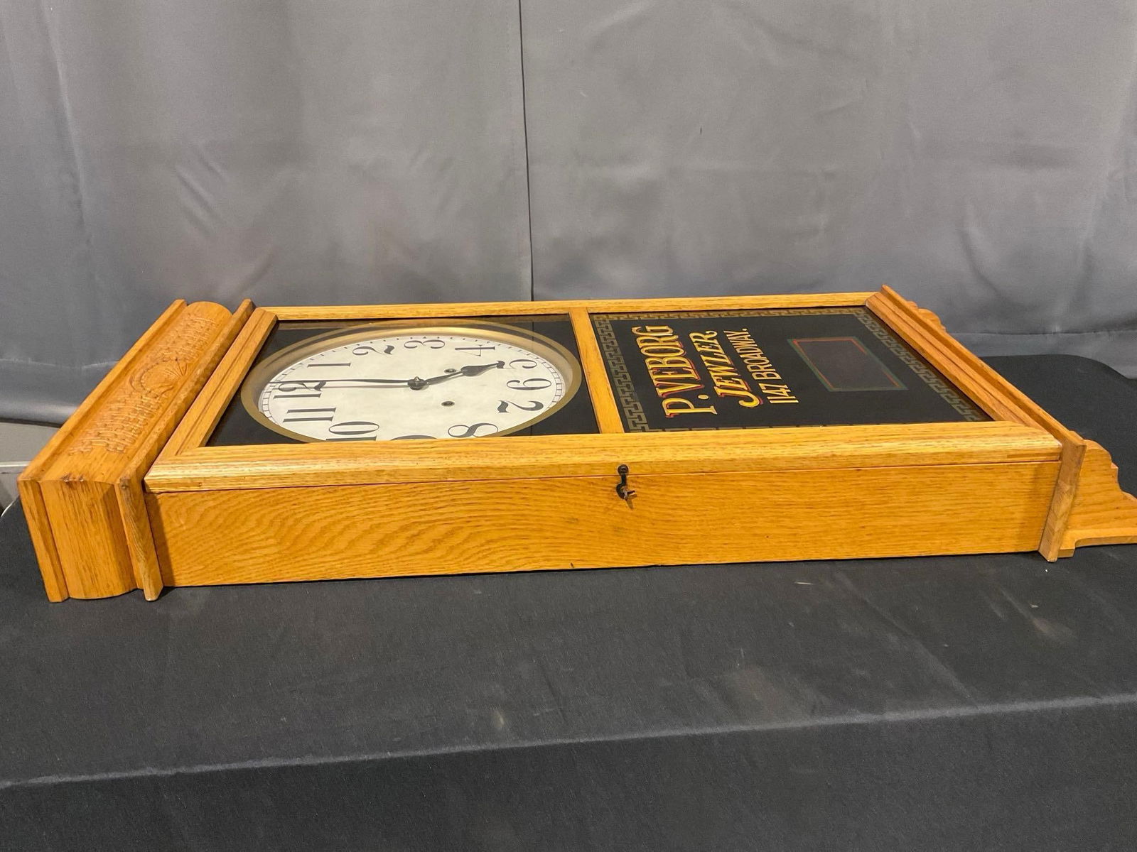E Ingraham Regulator Wall Time Strike Clock, P. Veborg Jewler on the glass, 37h x 17w x 6d inches - 7