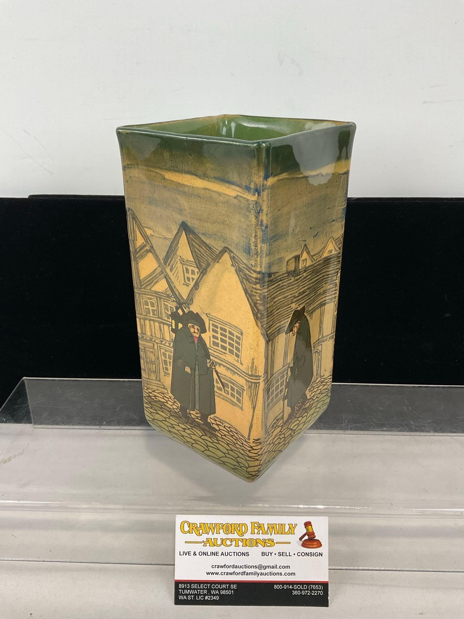Vintage Royal Doulton Seriesware Square Box Vase, The Nightwatchman Pattern, 9h x 5w x 5d inches: Appears to be in good shape. The piece measures approx 9h x 5w x 5d inches. See pics. E-5440 