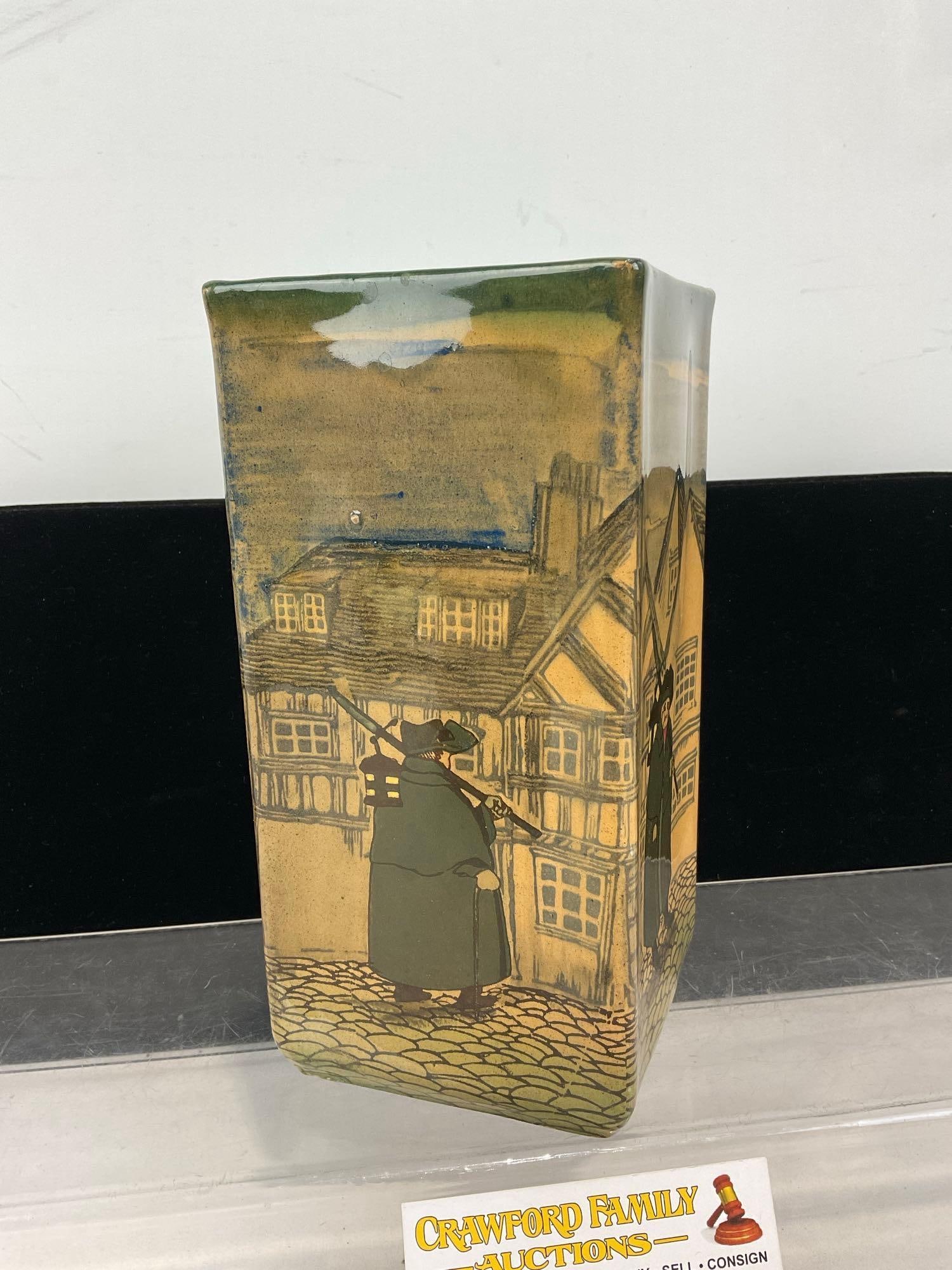 Vintage Royal Doulton Seriesware Square Box Vase, The Nightwatchman Pattern, 9h x 5w x 5d inches - 3
