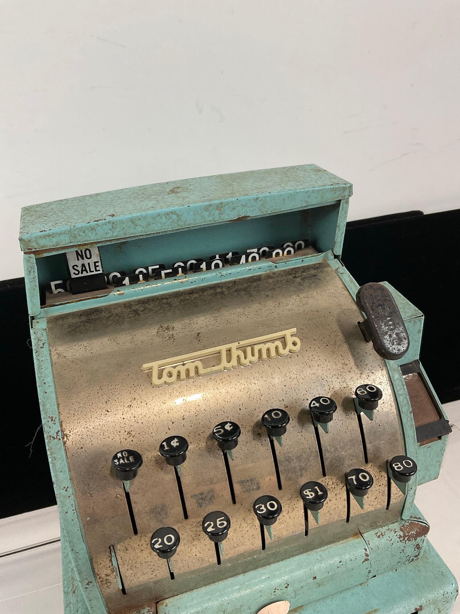 Mid Century Tom Thumb Stamped Metal Toy Cash Register, worn blue finish, 10h x 8w x 8d inches - 2