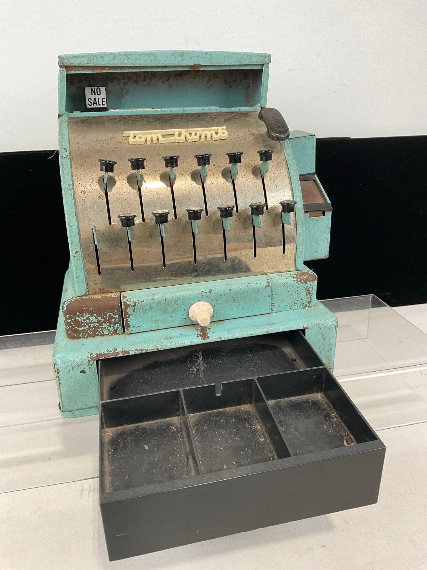 Mid Century Tom Thumb Stamped Metal Toy Cash Register, worn blue finish, 10h x 8w x 8d inches - 3