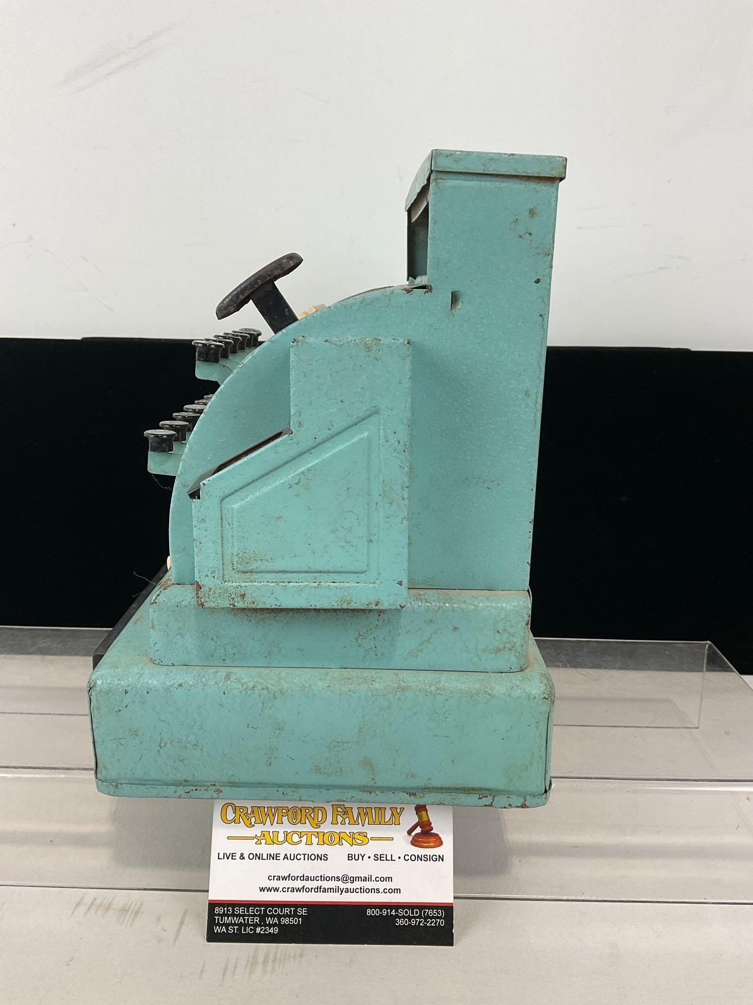 Mid Century Tom Thumb Stamped Metal Toy Cash Register, worn blue finish, 10h x 8w x 8d inches - 4