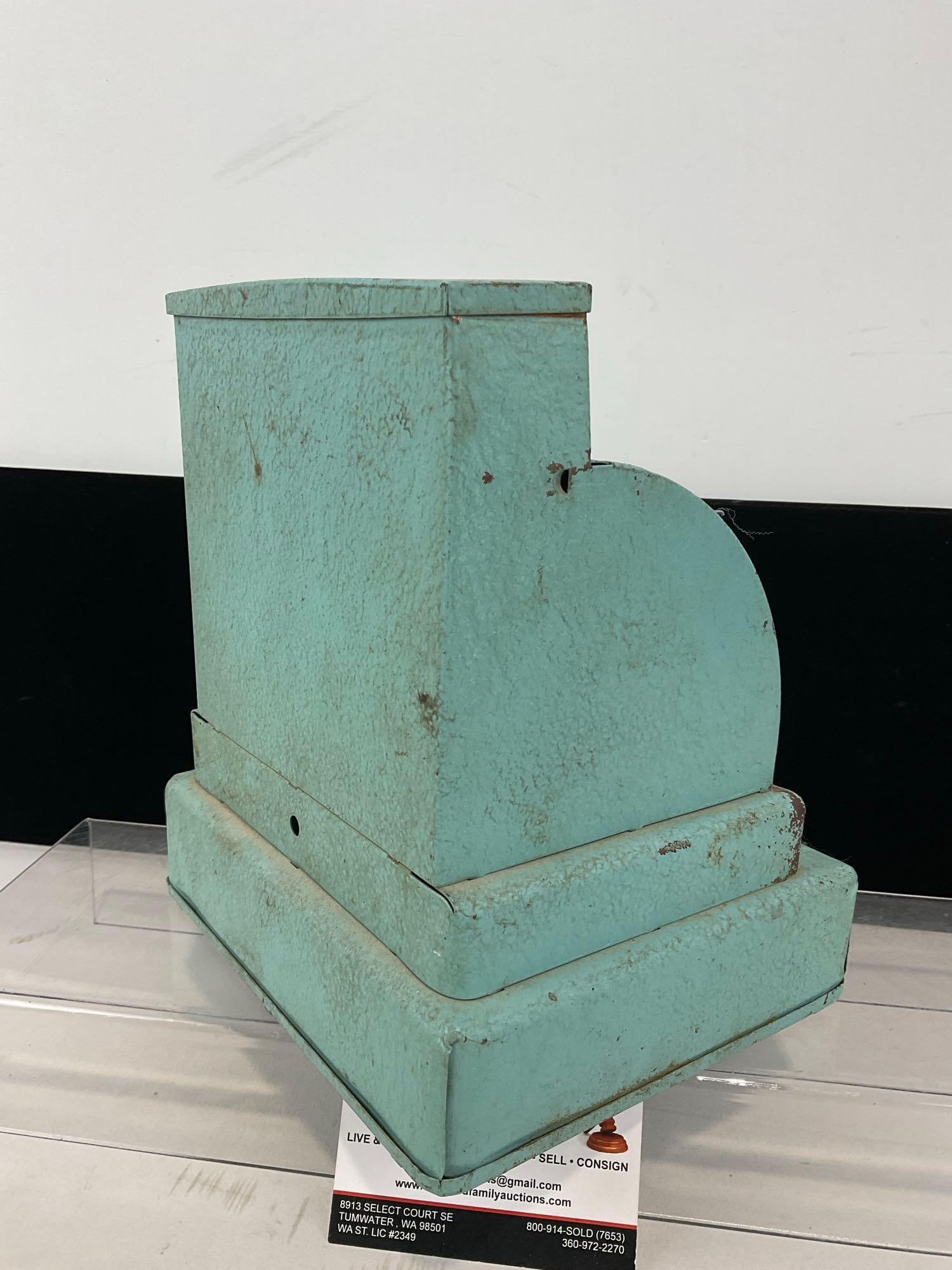 Mid Century Tom Thumb Stamped Metal Toy Cash Register, worn blue finish, 10h x 8w x 8d inches - 5