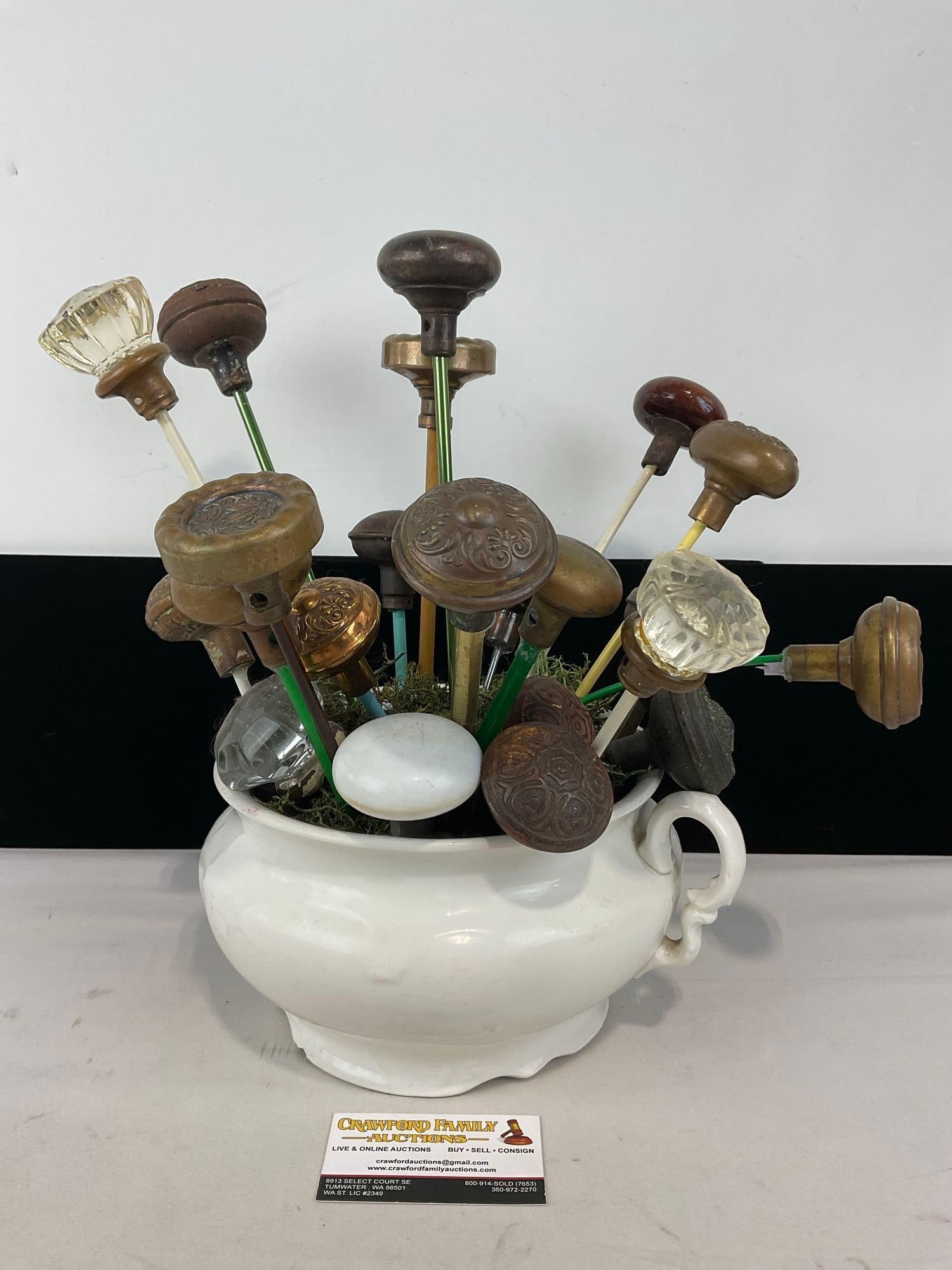Chamberpot full of Vintage/Antique Doorknobs, Glass, Bronze & more, 16h x 12w x 12d inches: Appears to be in good shape. The piece measures approx 16h x 12w x 12d inches. See pics. E-5440 