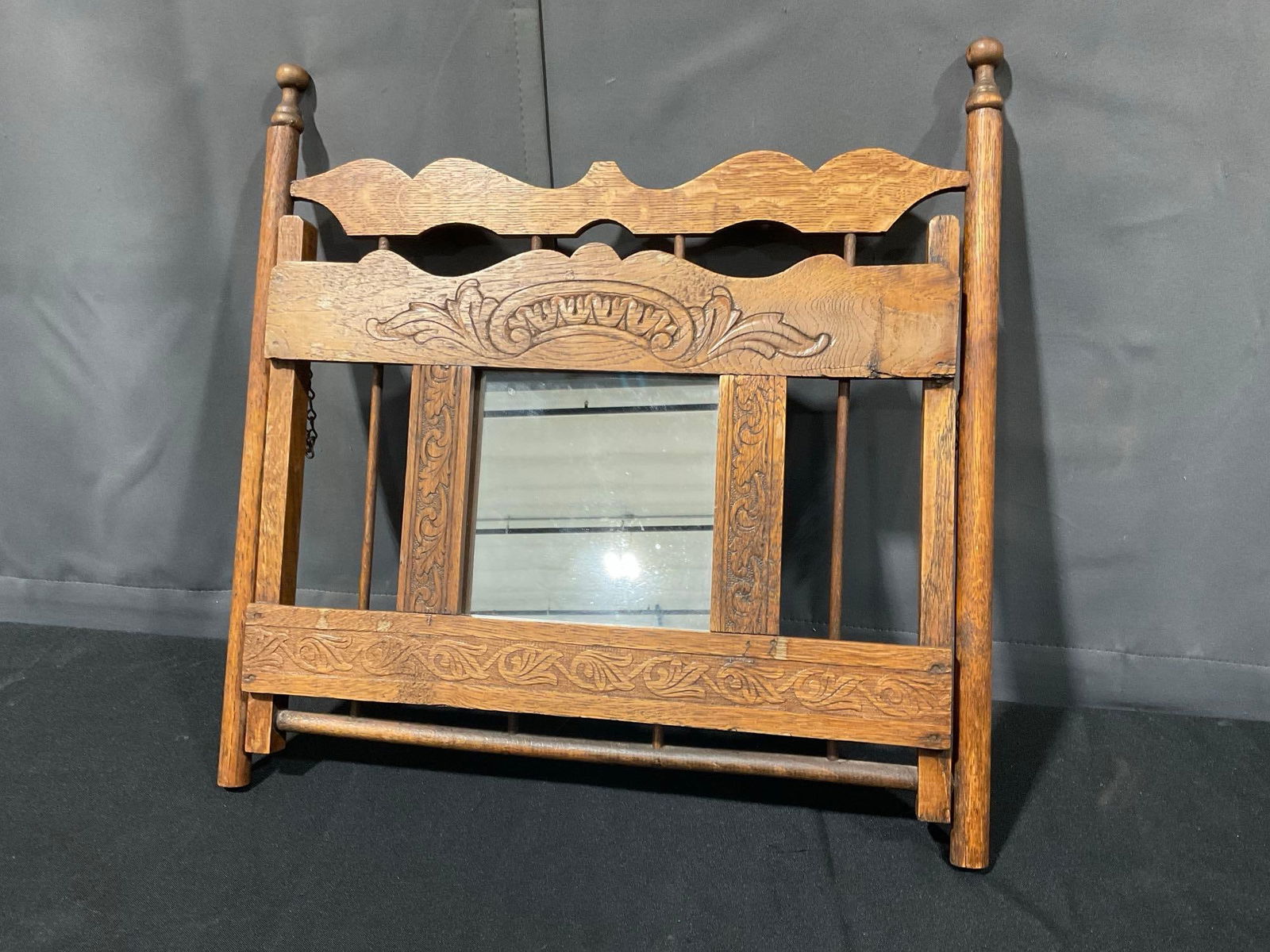 Antique Victorian Wooden Shaving Mirror w/ Tower Bar & Comb Wall Shelf, 18h x 18w x 4d inches: Appears to be in good shape. The piece measures approx 18h x 18w x 4d inches. See pics. E-5440