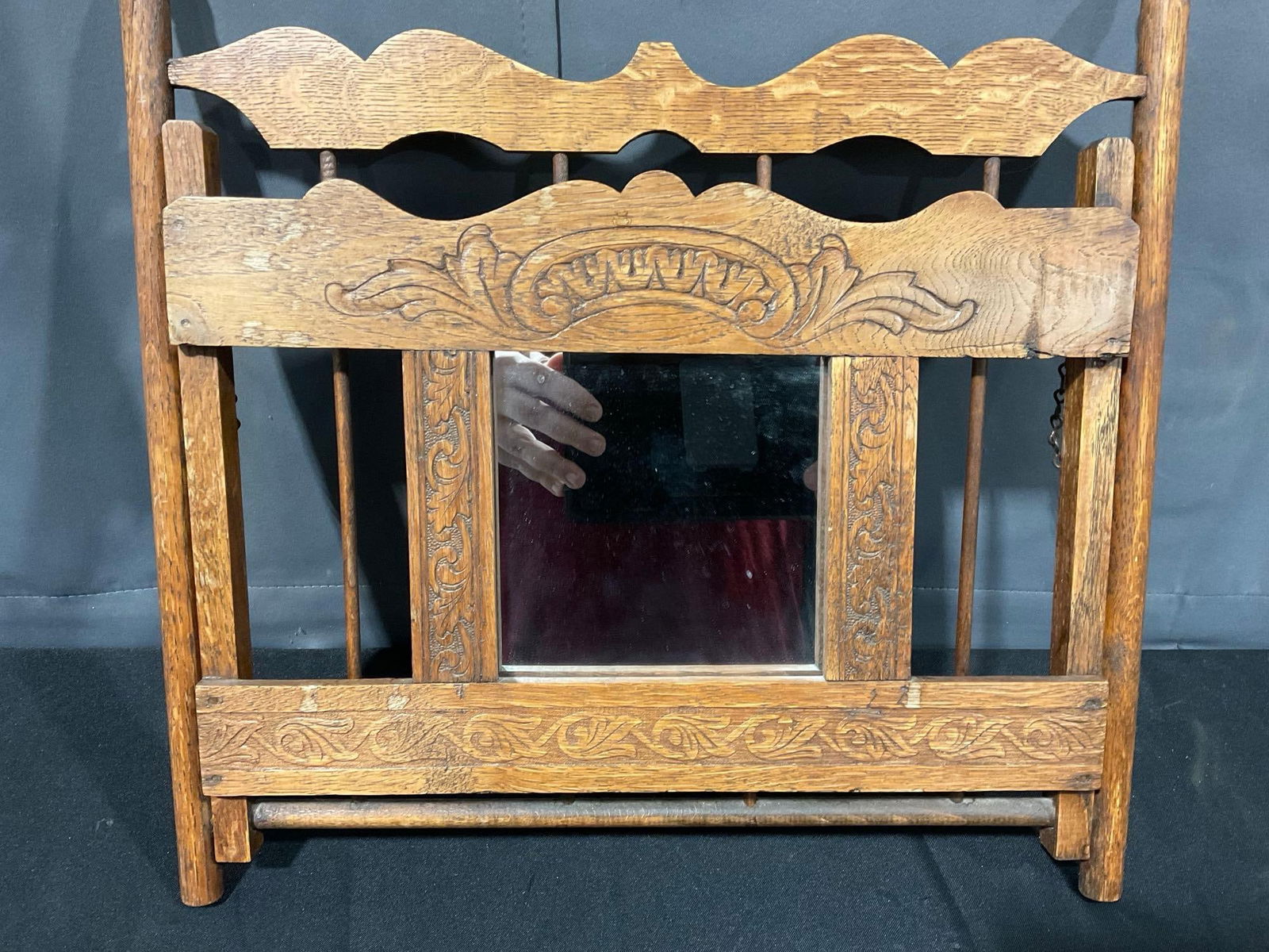 Antique Victorian Wooden Shaving Mirror w/ Tower Bar & Comb Wall Shelf, 18h x 18w x 4d inches - 2
