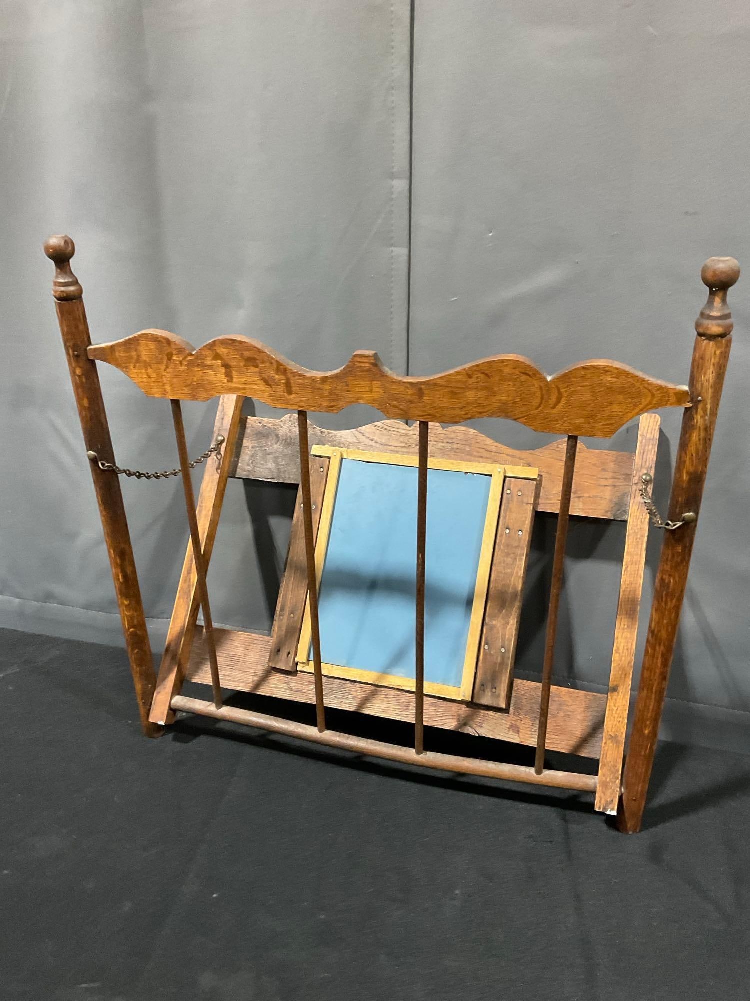 Antique Victorian Wooden Shaving Mirror w/ Tower Bar & Comb Wall Shelf, 18h x 18w x 4d inches - 4