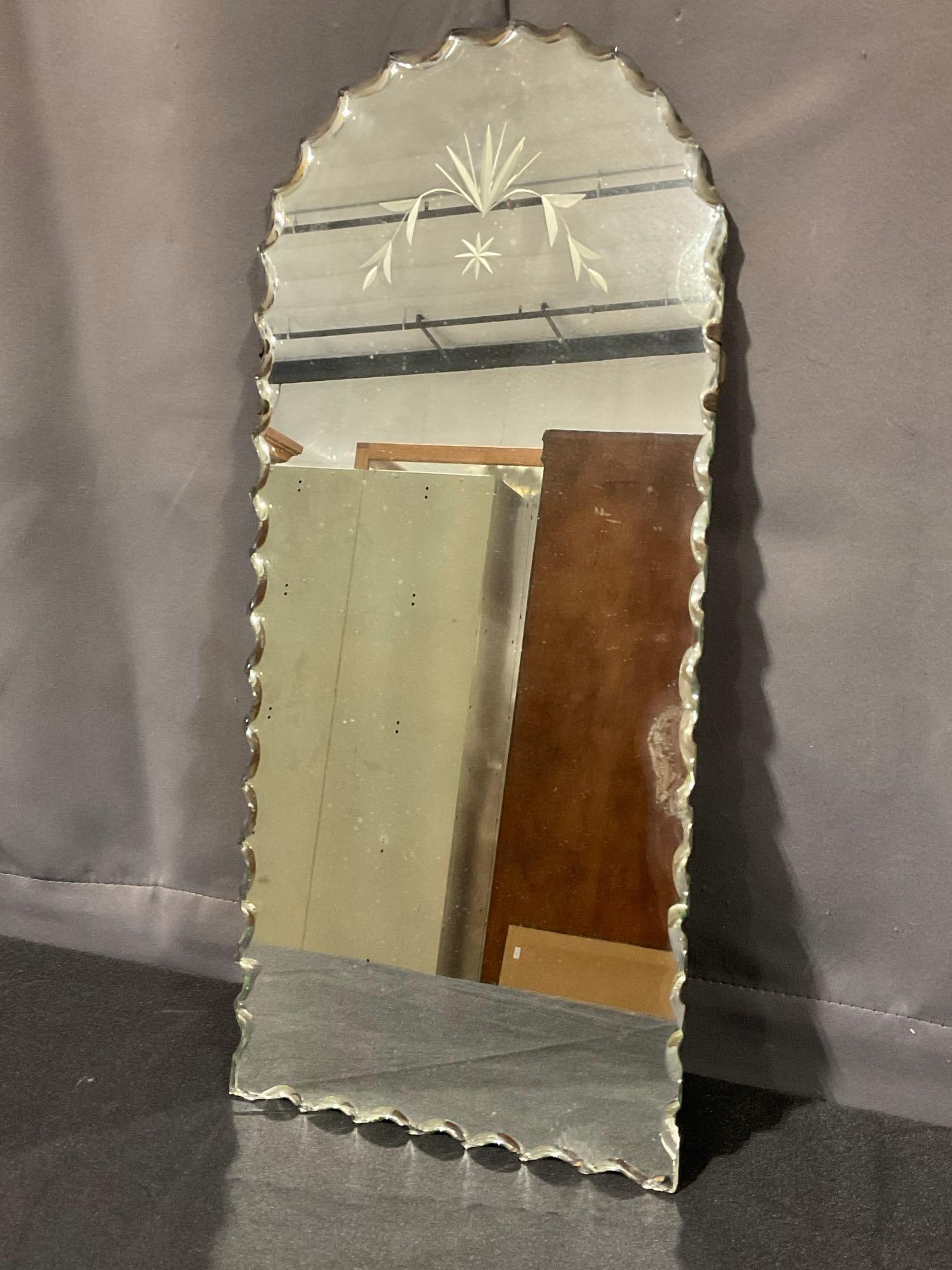 Vintage Early 20th Century Frameless Scalloped Edge Wall Hanging Mirror, 18h x 9w x 3d inches (1 of 5)