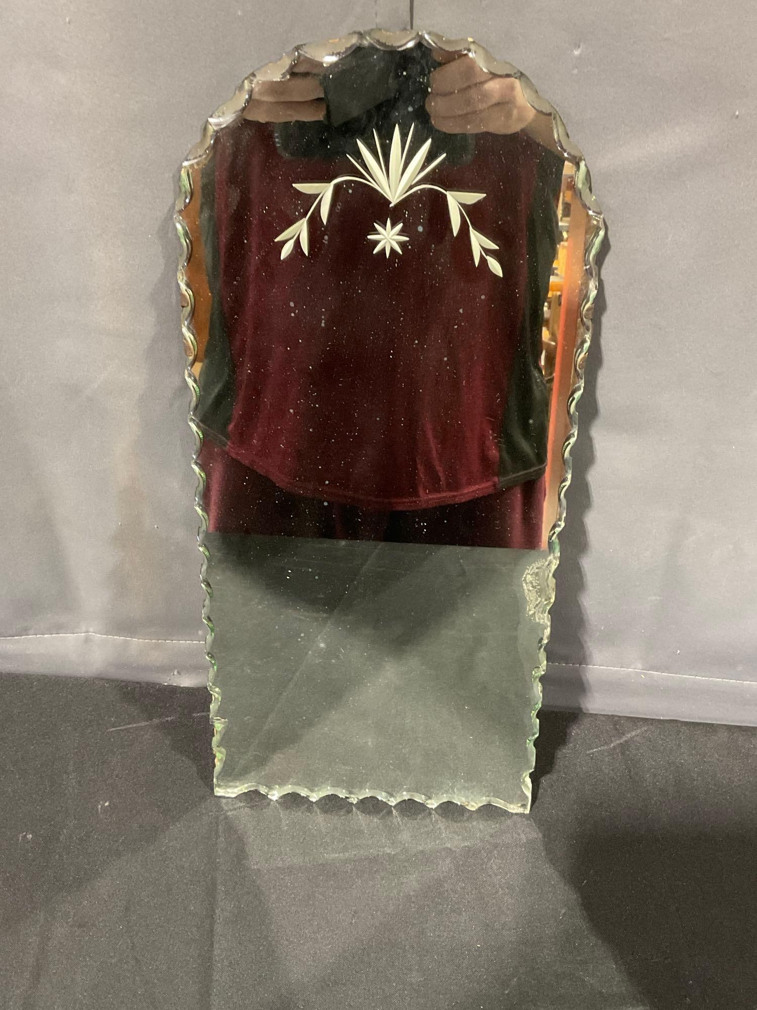 Vintage Early 20th Century Frameless Scalloped Edge Wall Hanging Mirror, 18h x 9w x 3d inches - 2