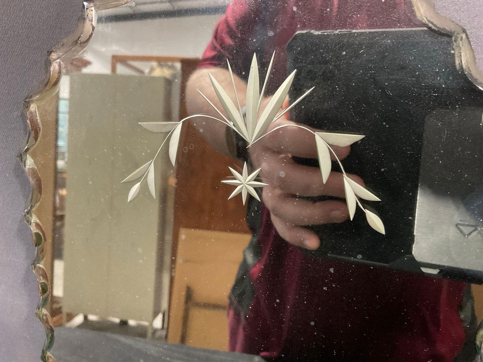 Vintage Early 20th Century Frameless Scalloped Edge Wall Hanging Mirror, 18h x 9w x 3d inches - 4