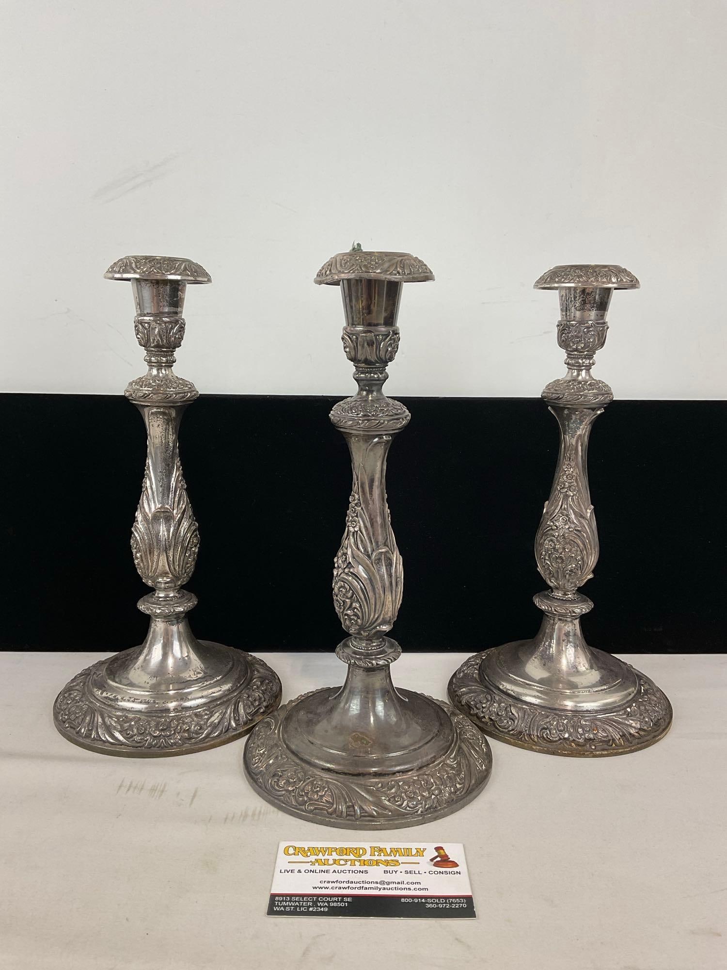 Set of 3 Heritage 1847 Rogers Bros Silver Plated Candleholders, 12h x 11w x 7d inches (1 of 5)
