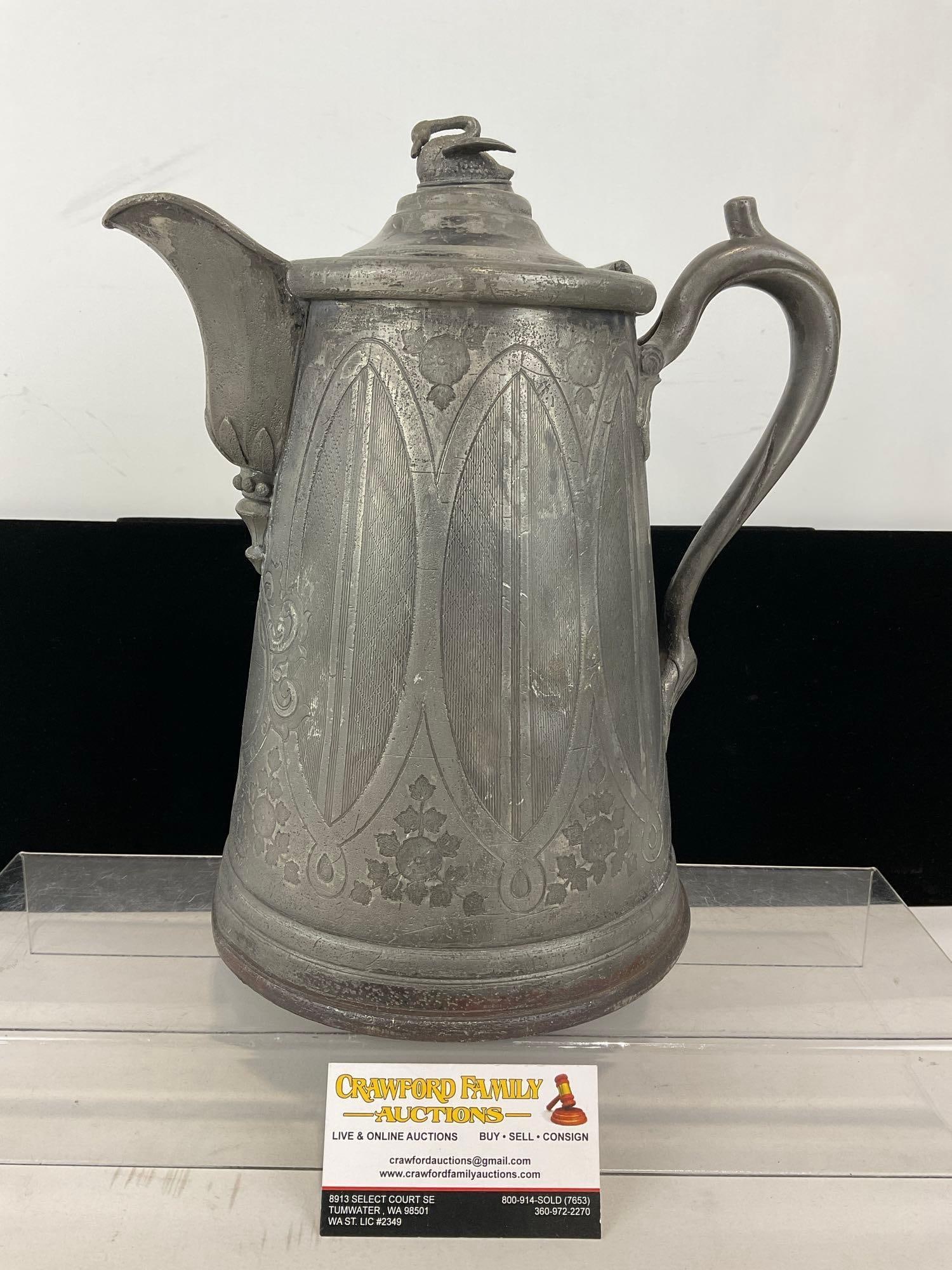 Antique Pewter Coffee Pot, 13h x 12w x 8d inches, engraved motif (1 of 8)