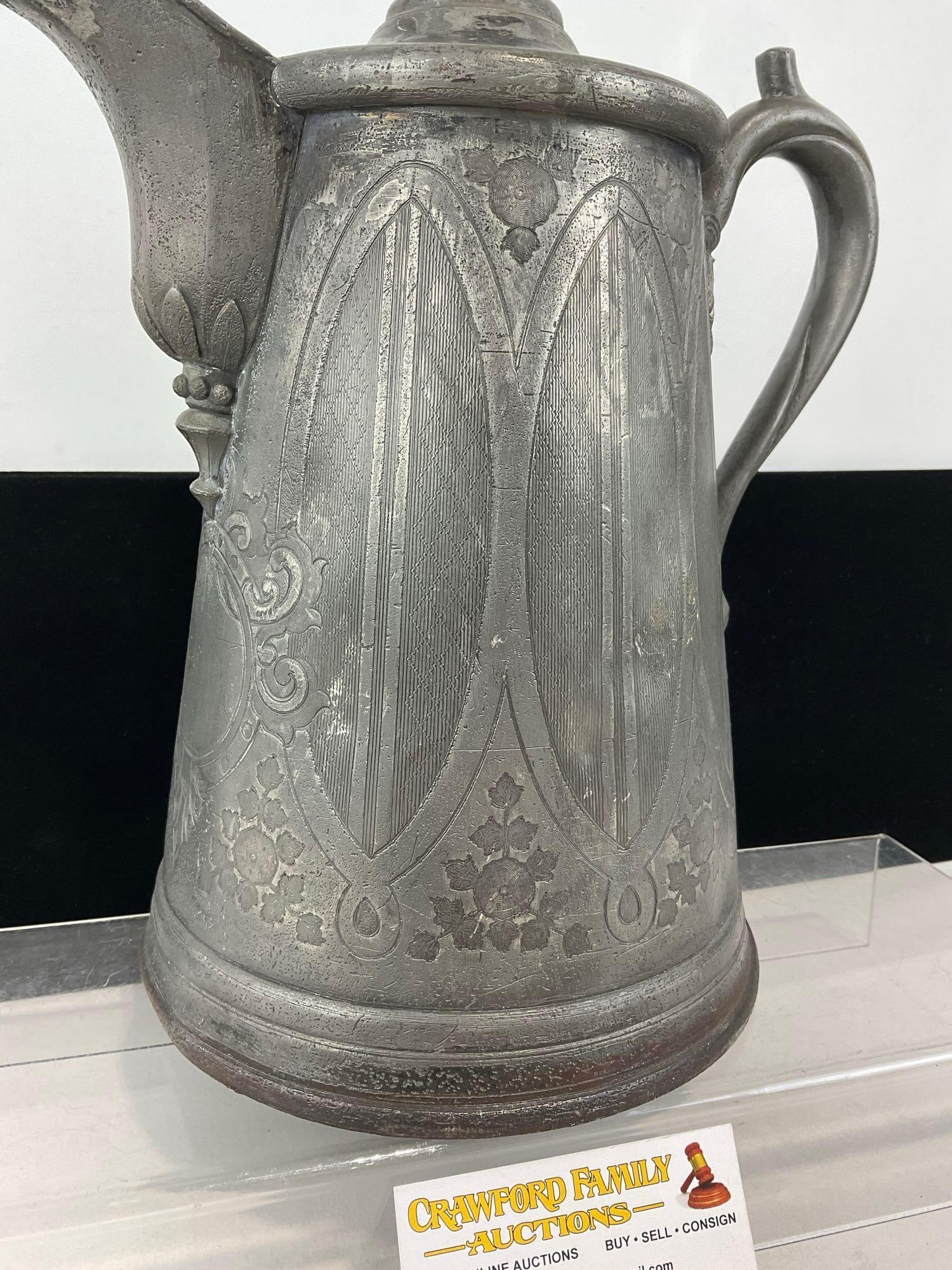 Antique Pewter Coffee Pot, 13h x 12w x 8d inches, engraved motif - 3