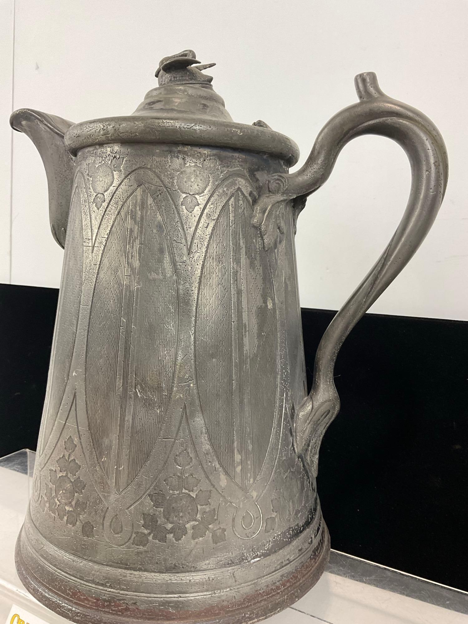 Antique Pewter Coffee Pot, 13h x 12w x 8d inches, engraved motif - 4