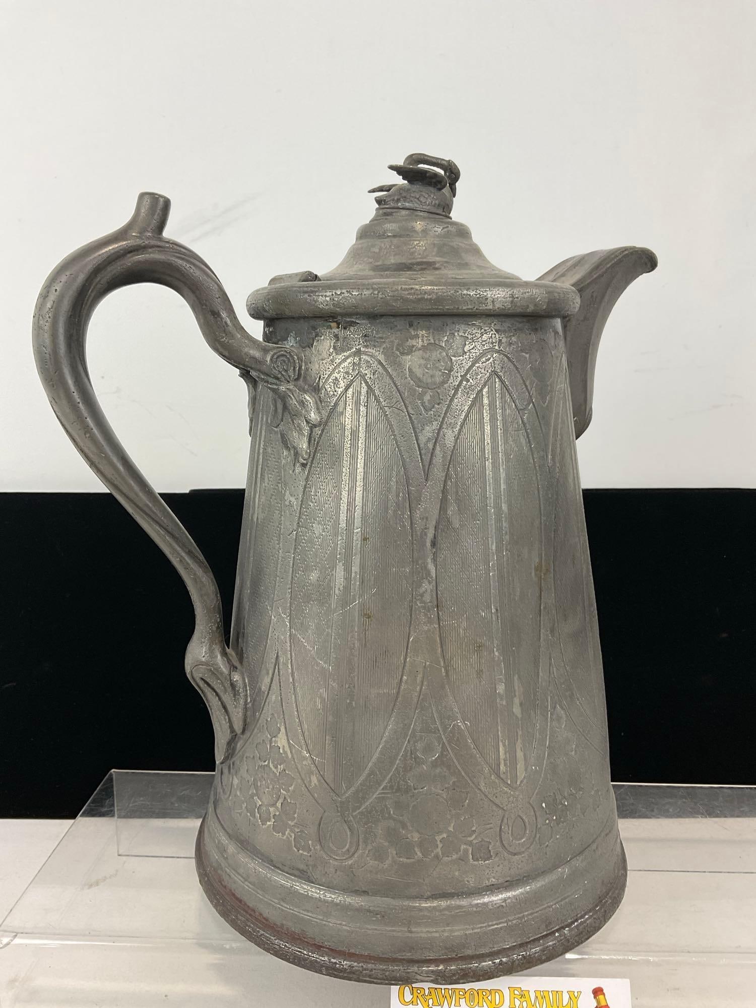 Antique Pewter Coffee Pot, 13h x 12w x 8d inches, engraved motif - 6