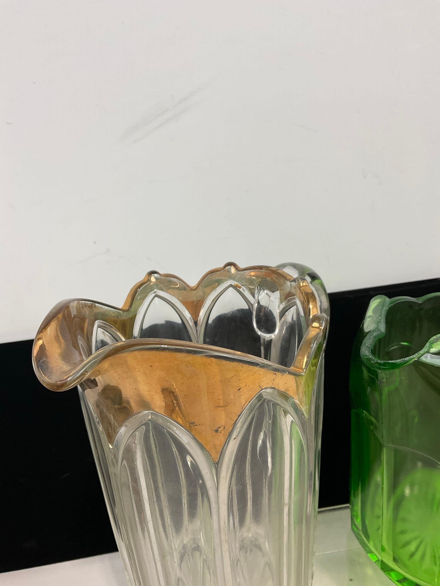 Three Early American Pattern Glass Pitchers, 1 Green, possibly vaseline, Columbia Pattern Gilt Rim - 2