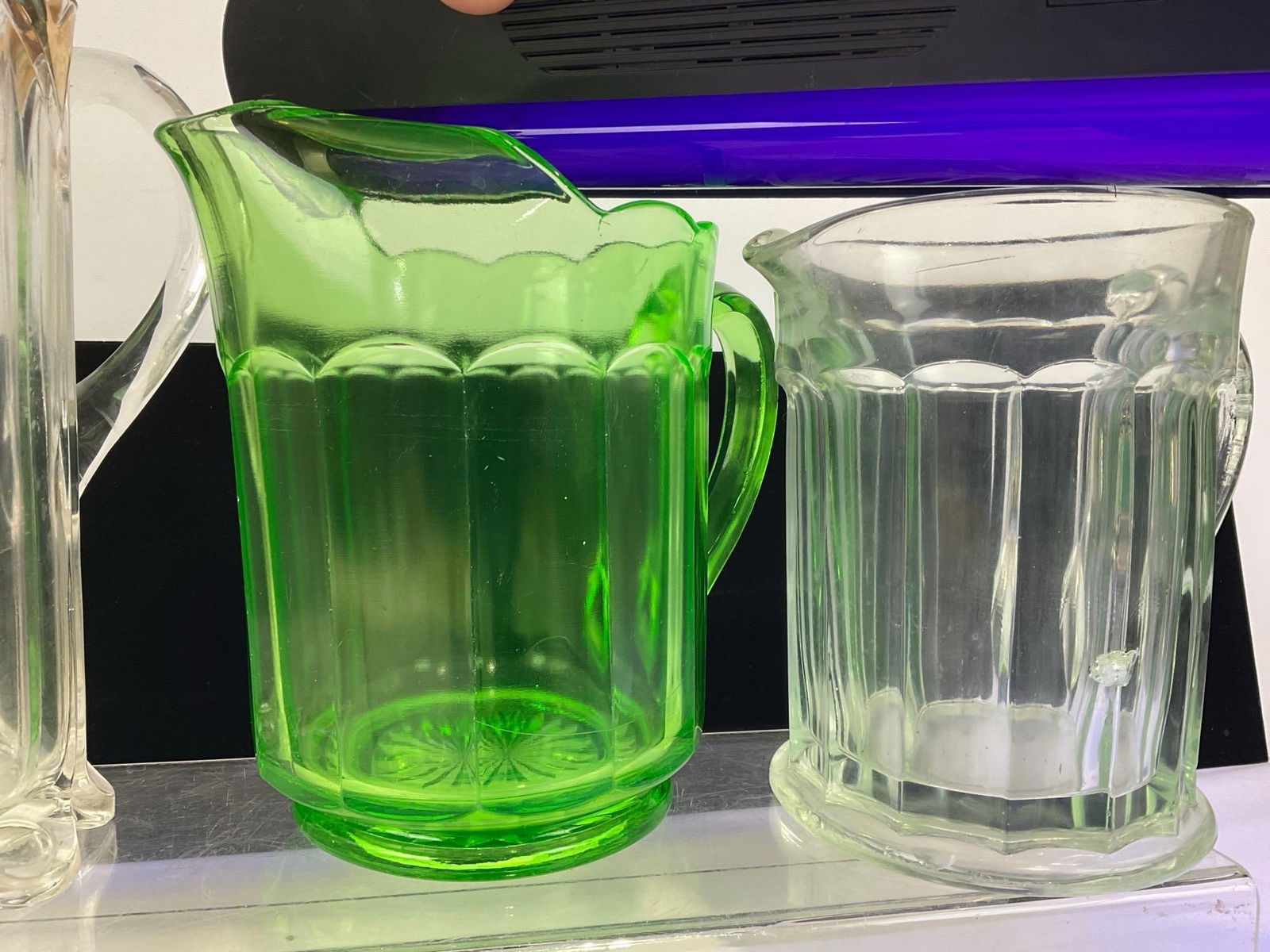 Three Early American Pattern Glass Pitchers, 1 Green, possibly vaseline, Columbia Pattern Gilt Rim - 4