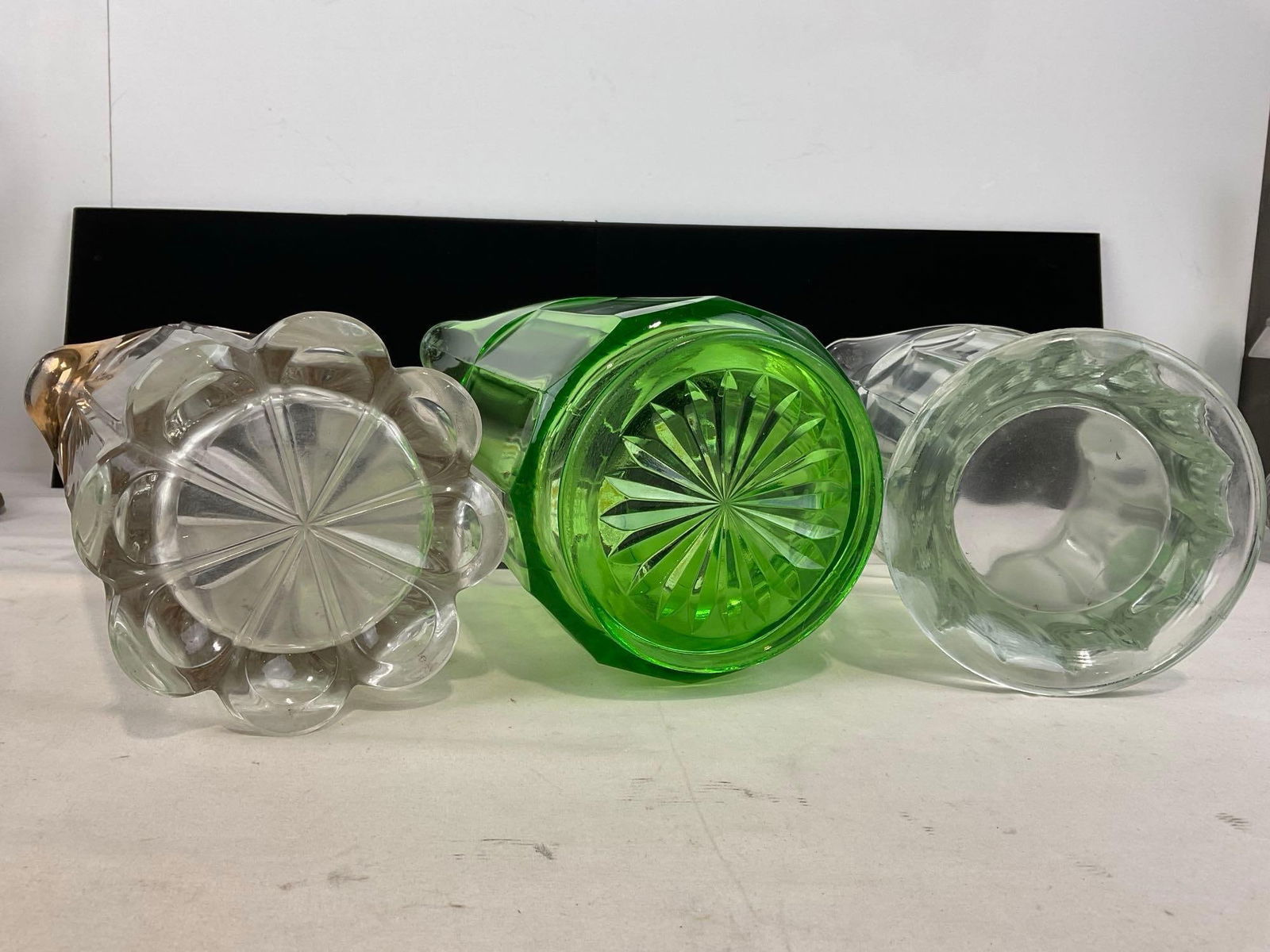 Three Early American Pattern Glass Pitchers, 1 Green, possibly vaseline, Columbia Pattern Gilt Rim - 5