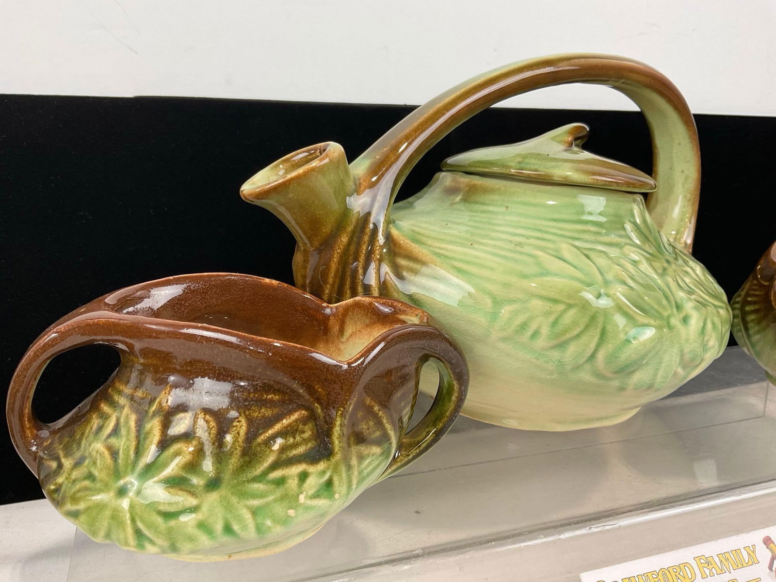 Vintage 1940s-50s McCoy Daisy Pattern Teapot, Sugar & Creamer Set, Green/Brown Glaze - 2