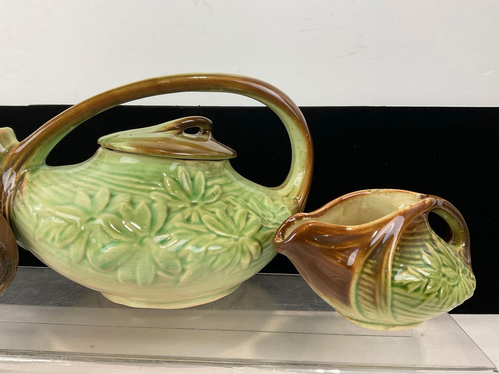 Vintage 1940s-50s McCoy Daisy Pattern Teapot, Sugar & Creamer Set, Green/Brown Glaze - 3