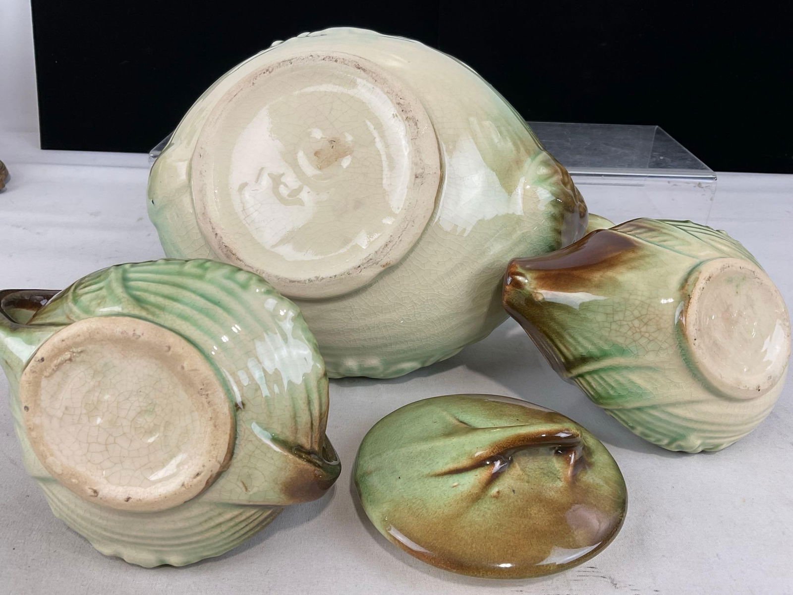 Vintage 1940s-50s McCoy Daisy Pattern Teapot, Sugar & Creamer Set, Green/Brown Glaze - 4