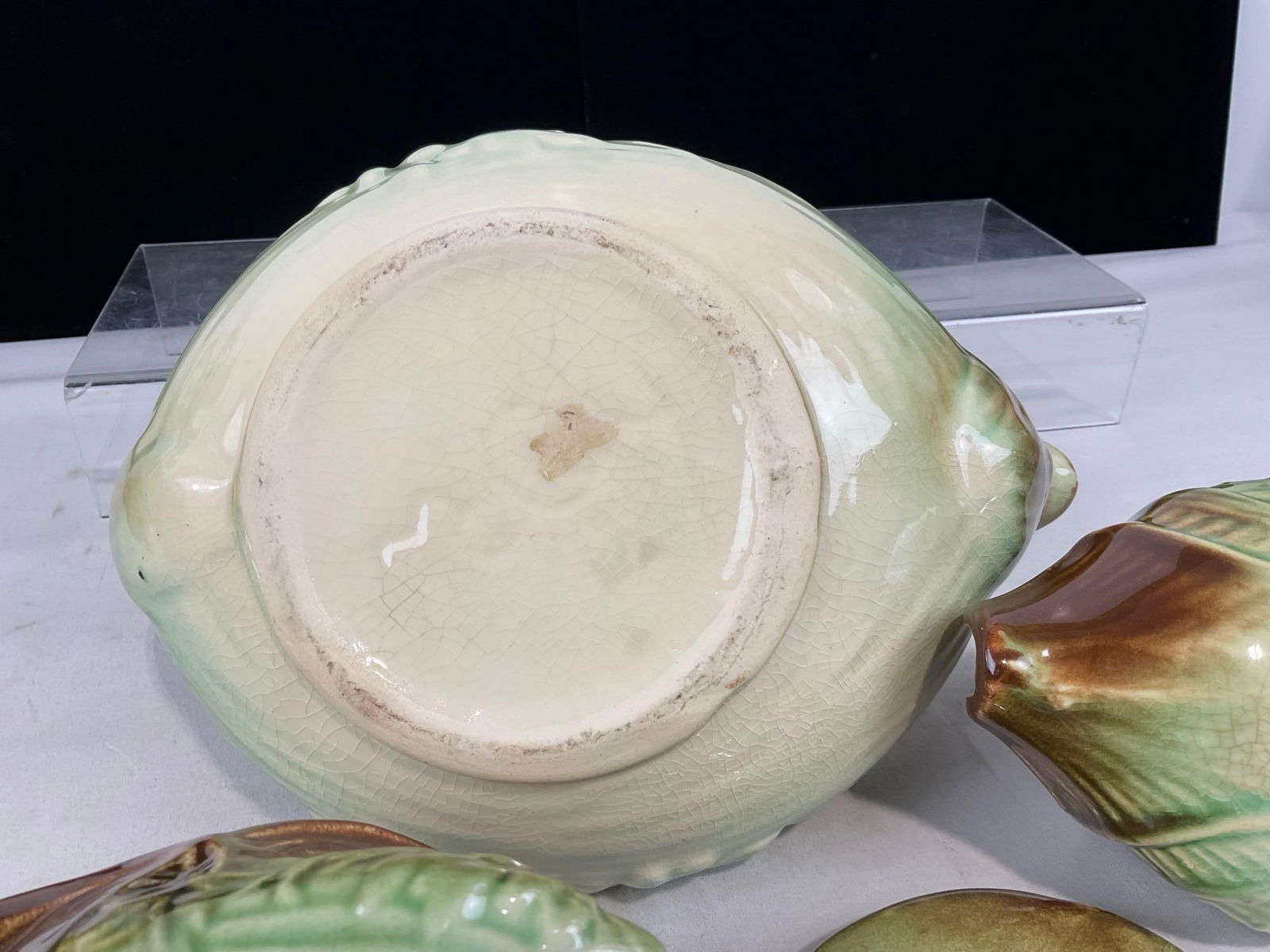 Vintage 1940s-50s McCoy Daisy Pattern Teapot, Sugar & Creamer Set, Green/Brown Glaze - 5