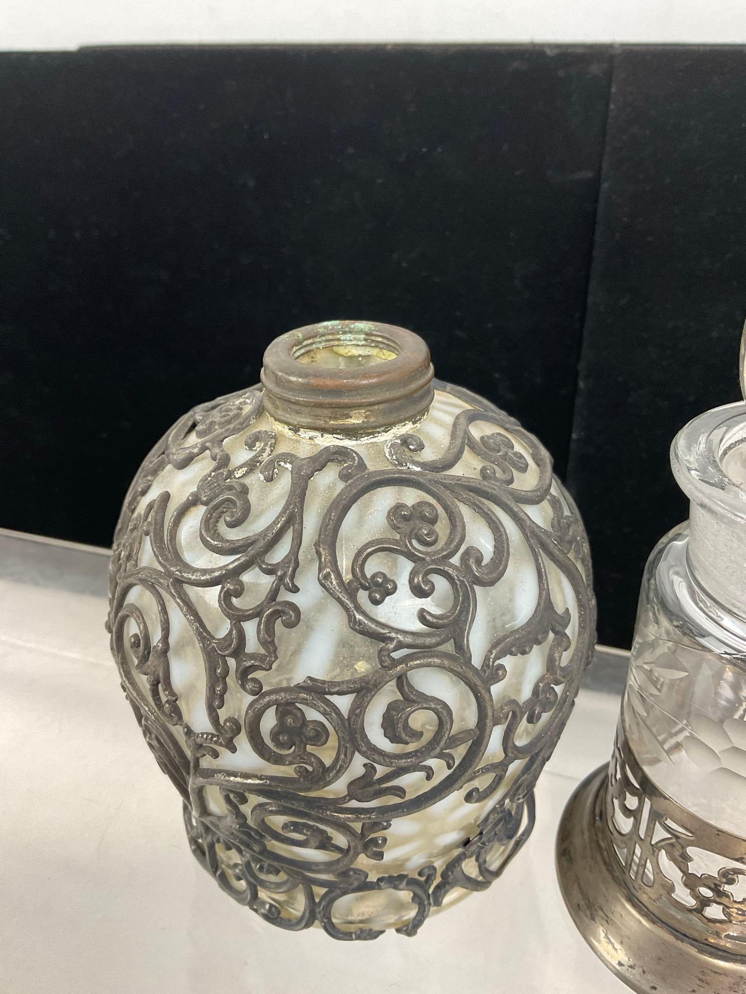 Perfume Bottle w/ Spoon & Silver Plate Holder & Bottle w/ Overlaid Pewter Scrollwork Pattern - 2