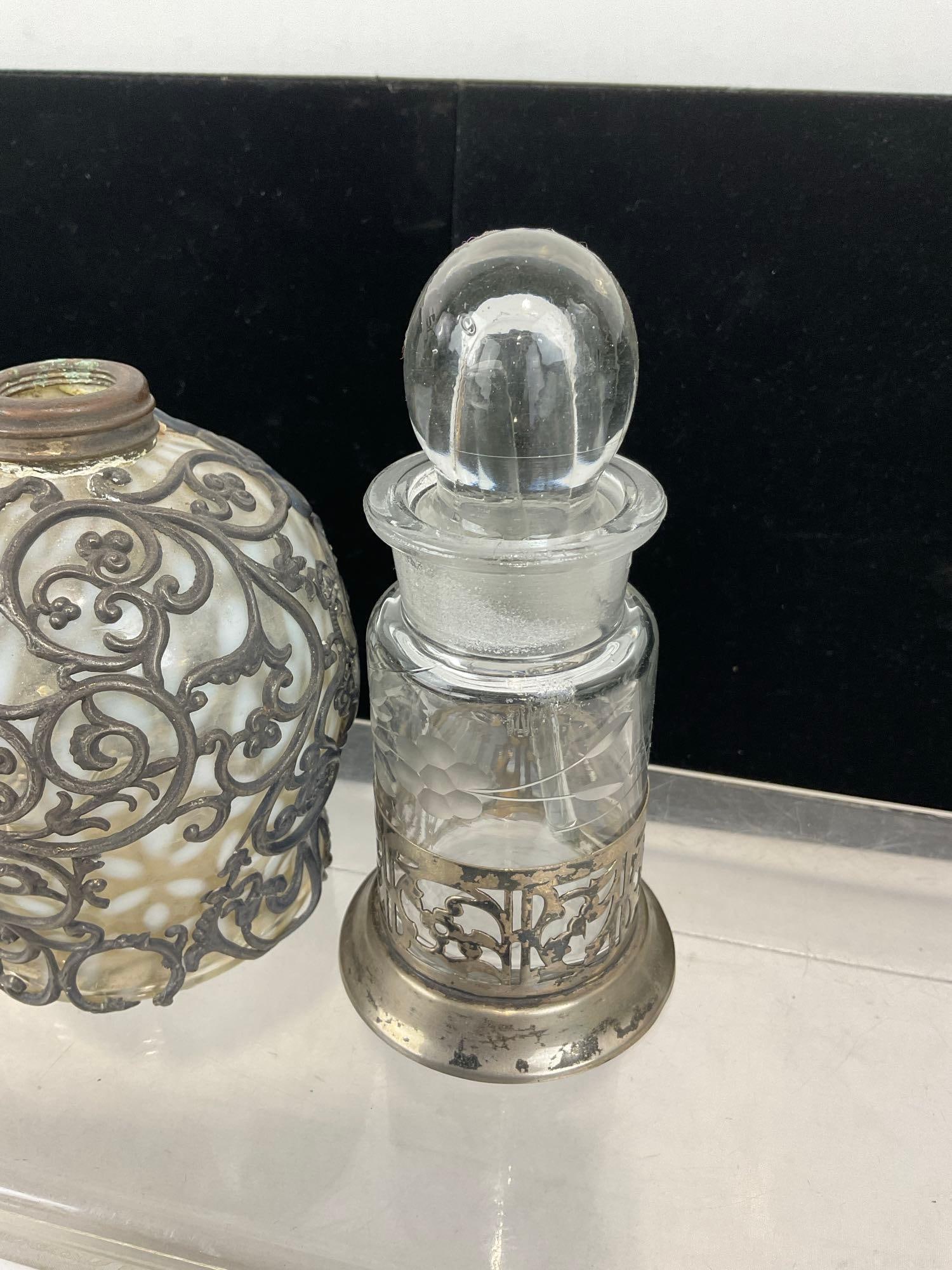Perfume Bottle w/ Spoon & Silver Plate Holder & Bottle w/ Overlaid Pewter Scrollwork Pattern - 3