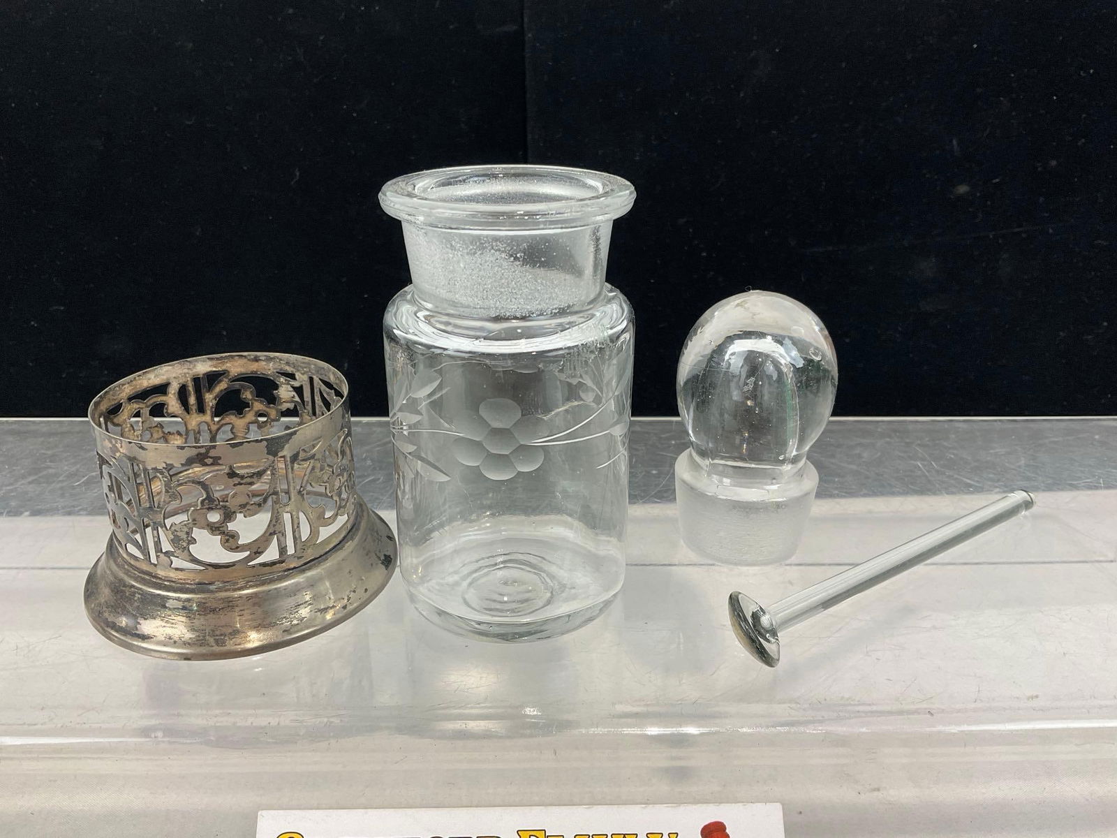 Perfume Bottle w/ Spoon & Silver Plate Holder & Bottle w/ Overlaid Pewter Scrollwork Pattern - 5