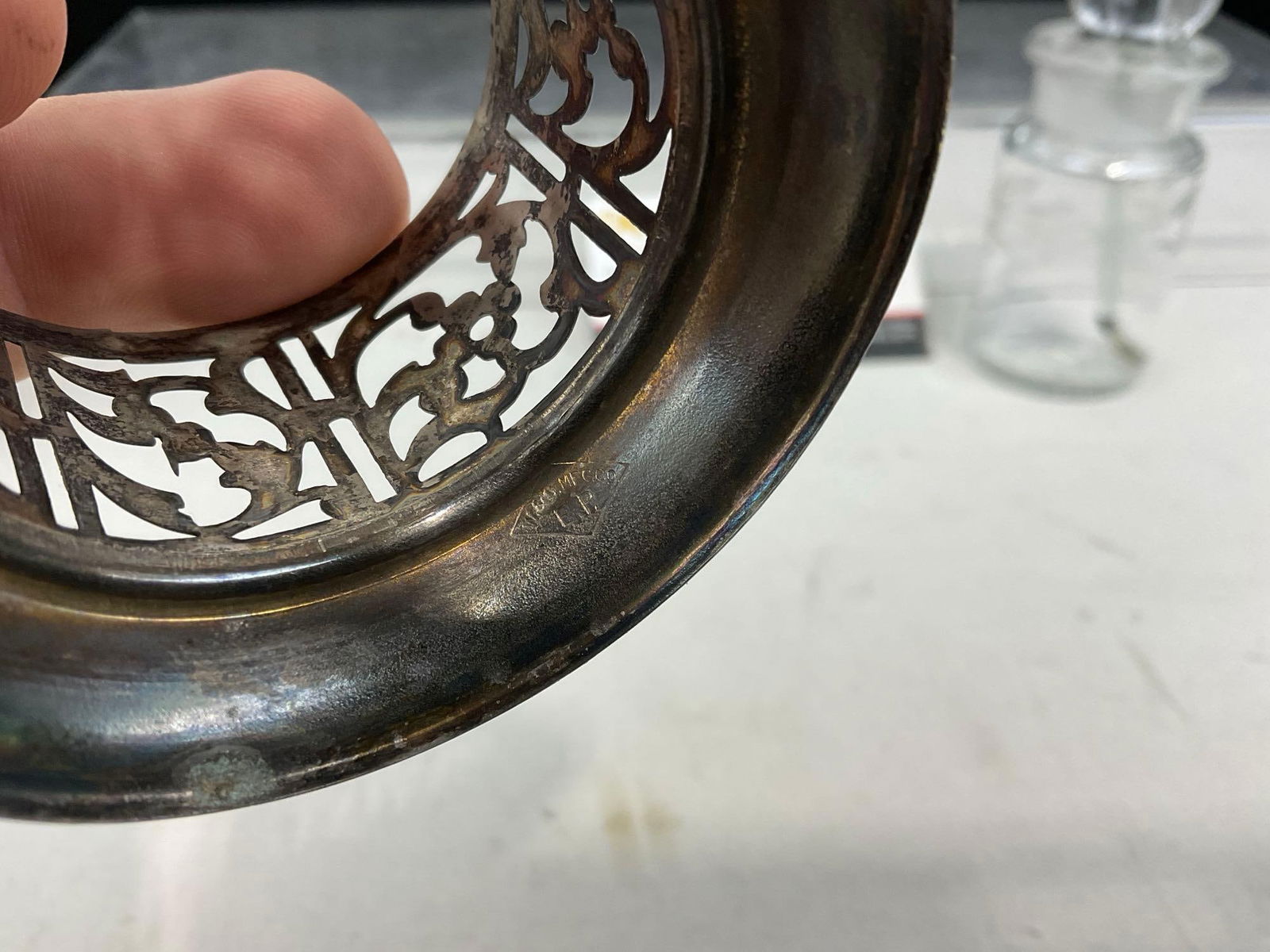 Perfume Bottle w/ Spoon & Silver Plate Holder & Bottle w/ Overlaid Pewter Scrollwork Pattern - 6