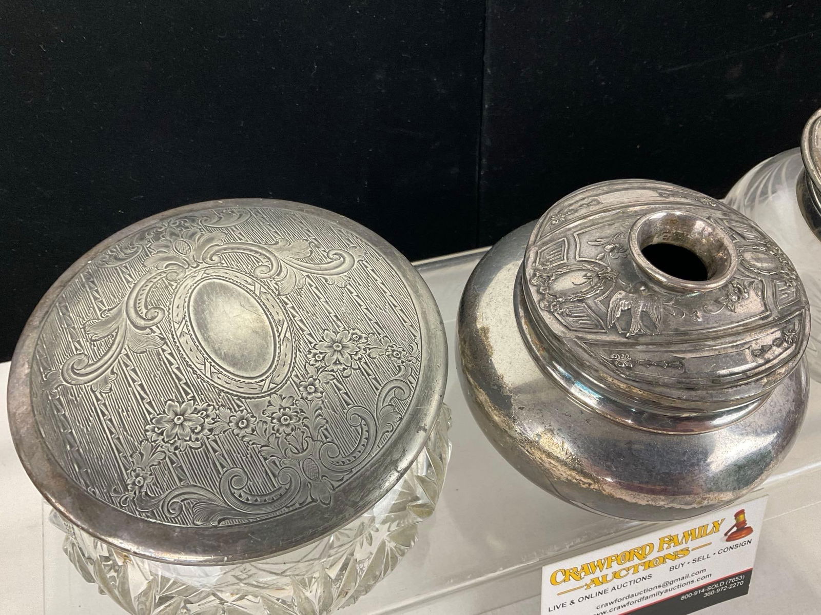 Set of 3 Dresser Jars, Towle Silver Plate Lid, 2x Cut Glass Jar & Lidded Silver Plated Jar - 2