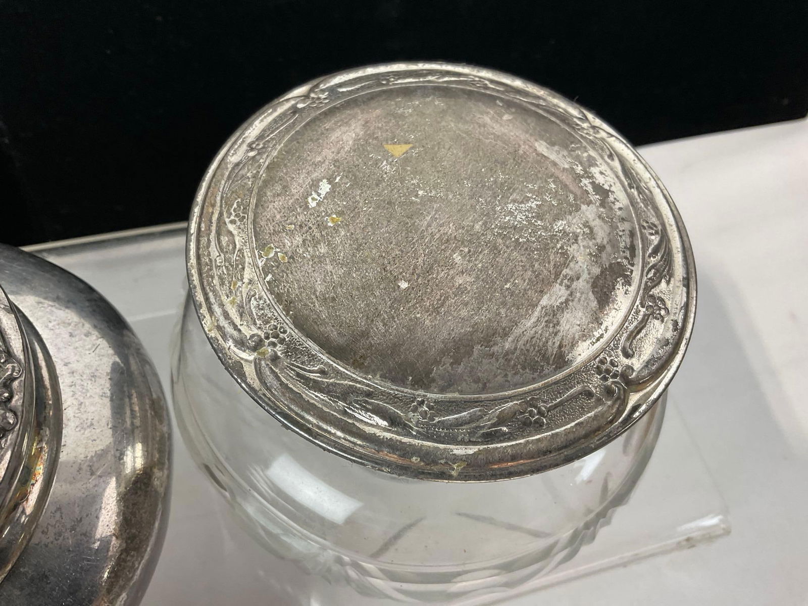 Set of 3 Dresser Jars, Towle Silver Plate Lid, 2x Cut Glass Jar & Lidded Silver Plated Jar - 3