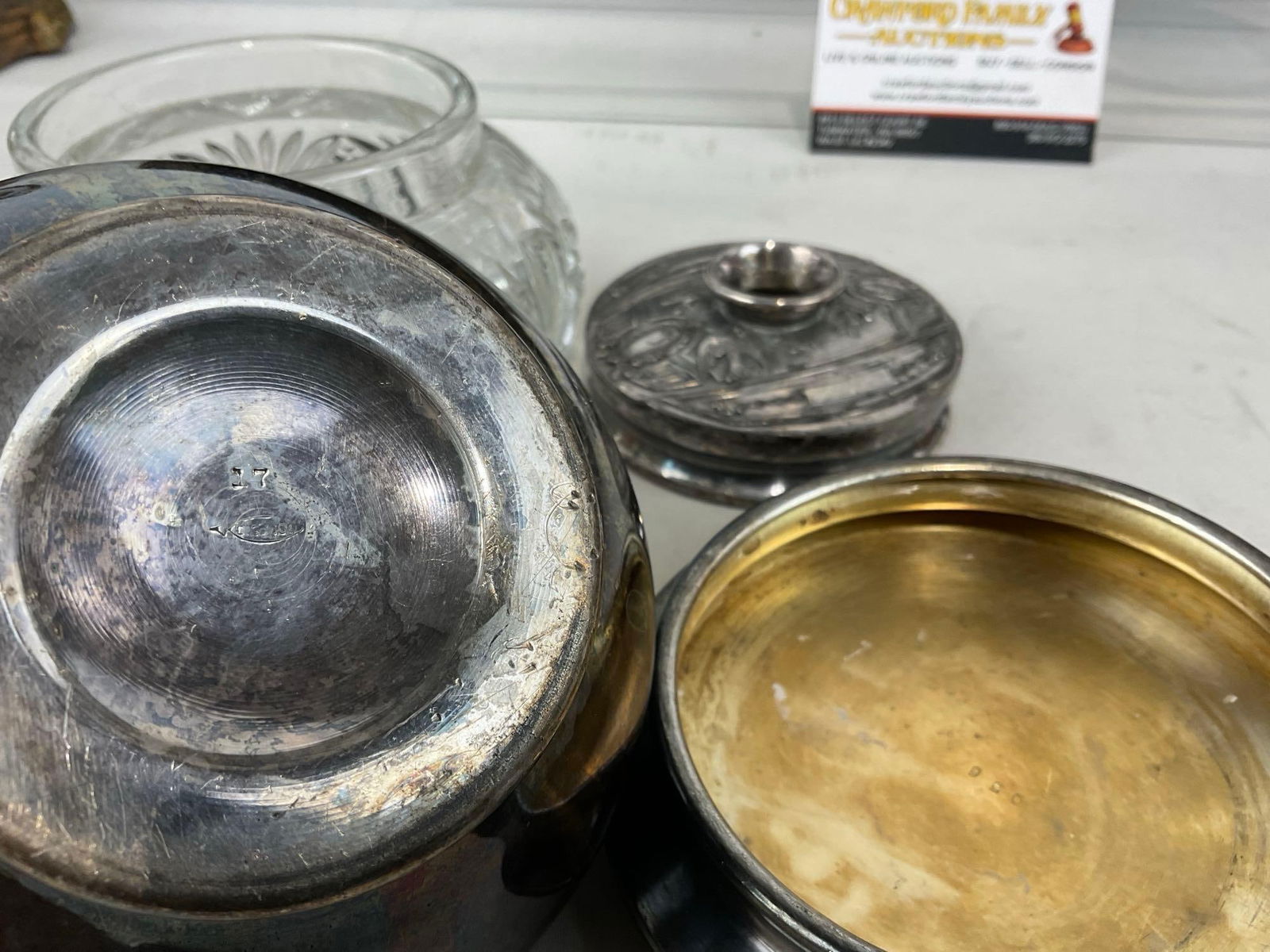 Set of 3 Dresser Jars, Towle Silver Plate Lid, 2x Cut Glass Jar & Lidded Silver Plated Jar - 4